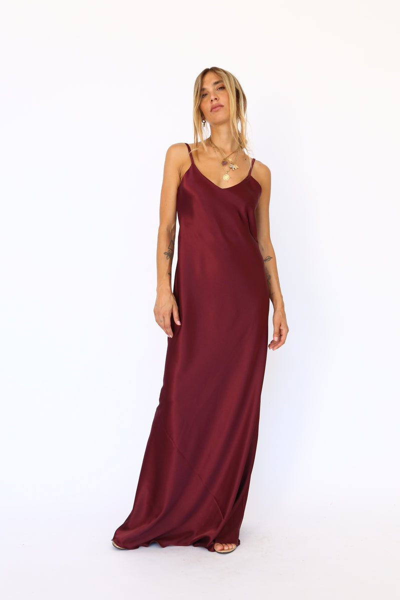 Long spaghetti strap burgundy satin dress