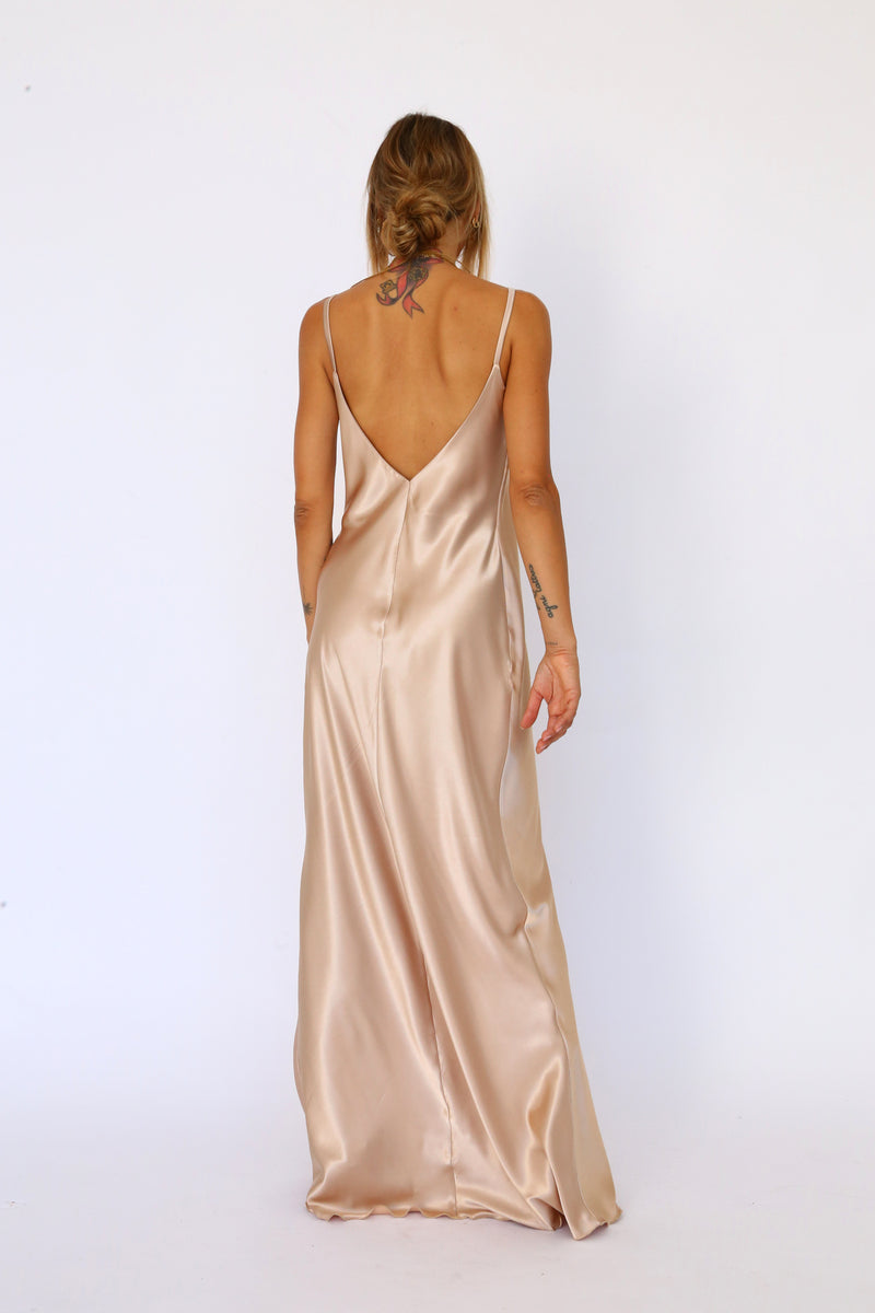 Long dark champagne satin dress with thin straps
