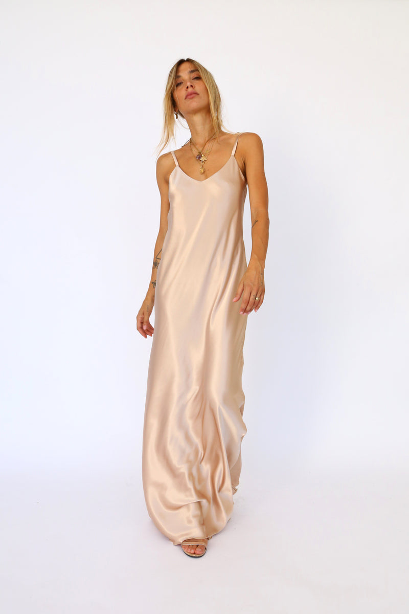 Long dark champagne satin dress with thin straps