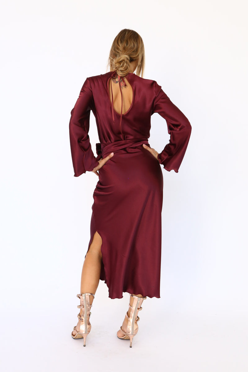 Burgundy satin midi dress with long sleeves and a keyhole back