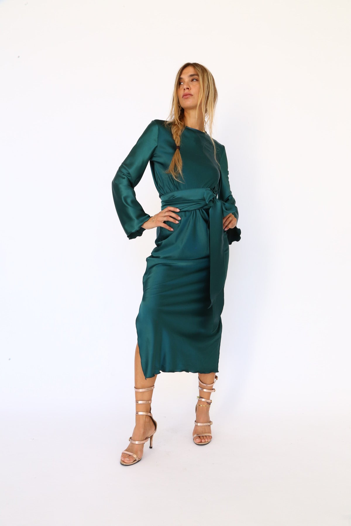 Bottle green satin midi dress with long sleeves and a keyhole back