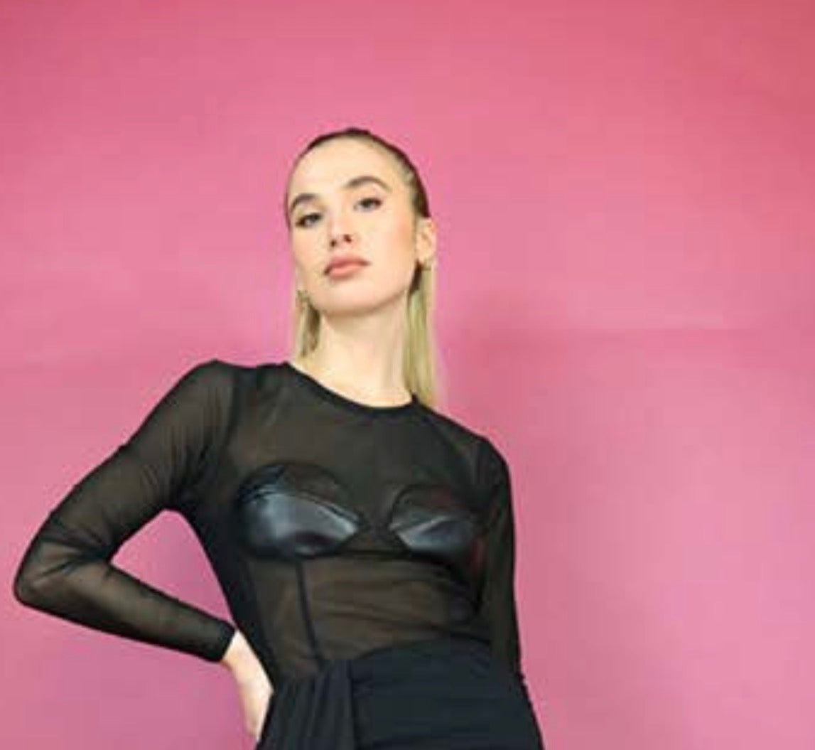 MAGLIA TULLE CON COPPE IN ECOPELLE NERO