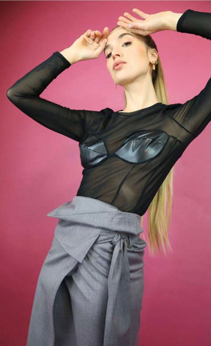 MAGLIA TULLE CON COPPE IN ECOPELLE NERO