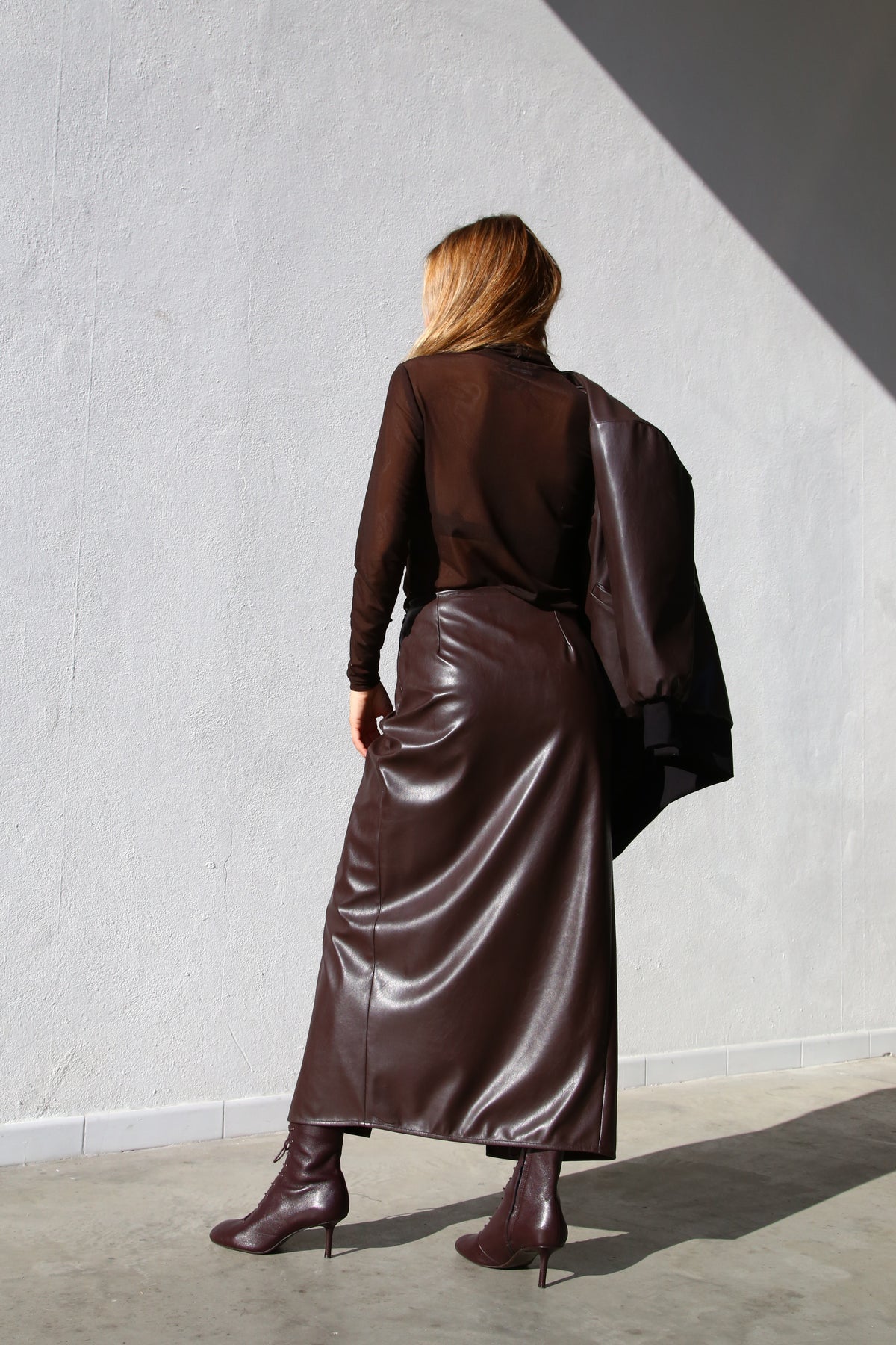 A6060 BROWN FAUX LEATHER WRAP SKIRT