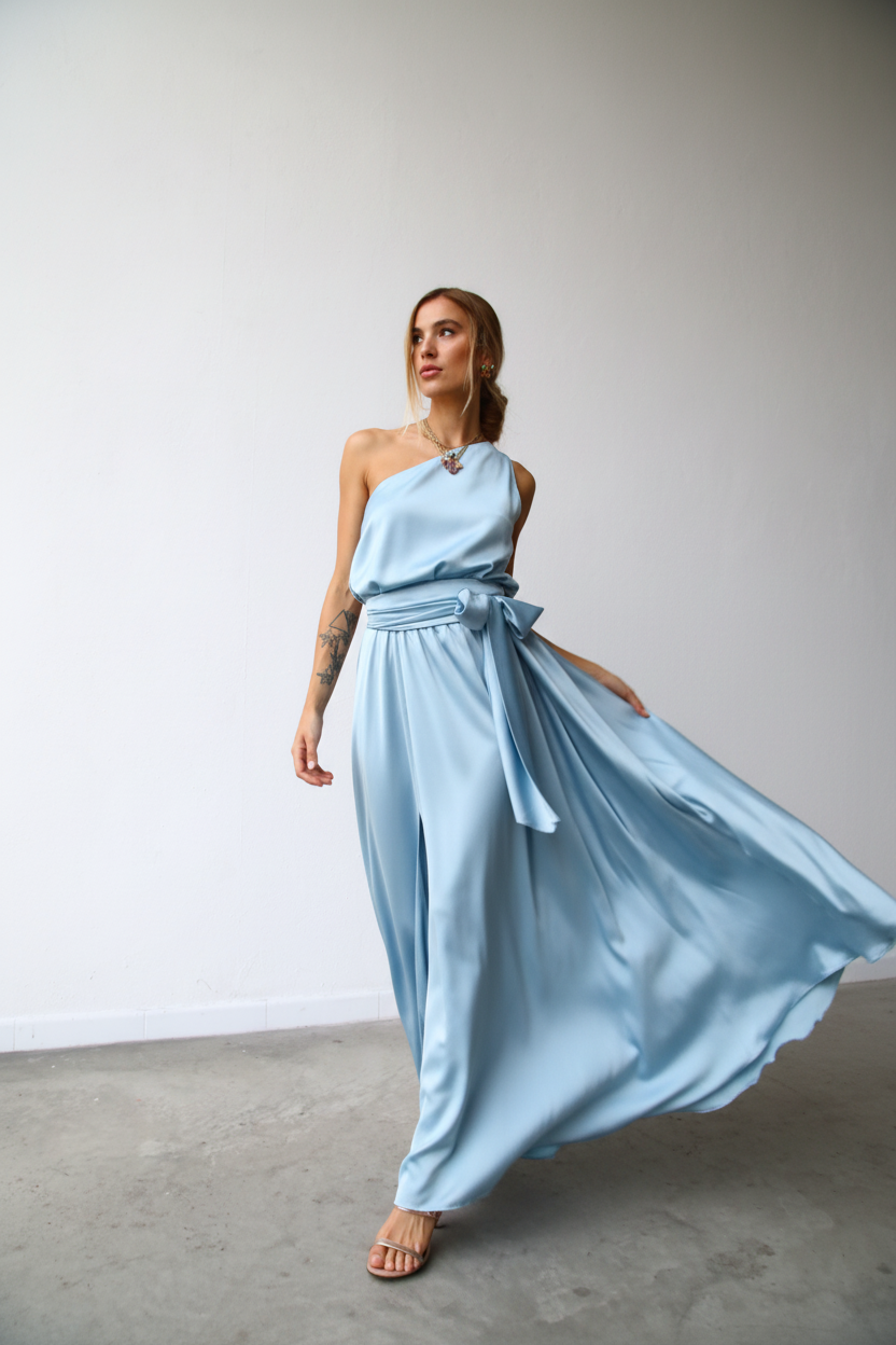 P3160 ABITO LUNGO MONOSPALLA CON CINTURA AZZURRO CIELO