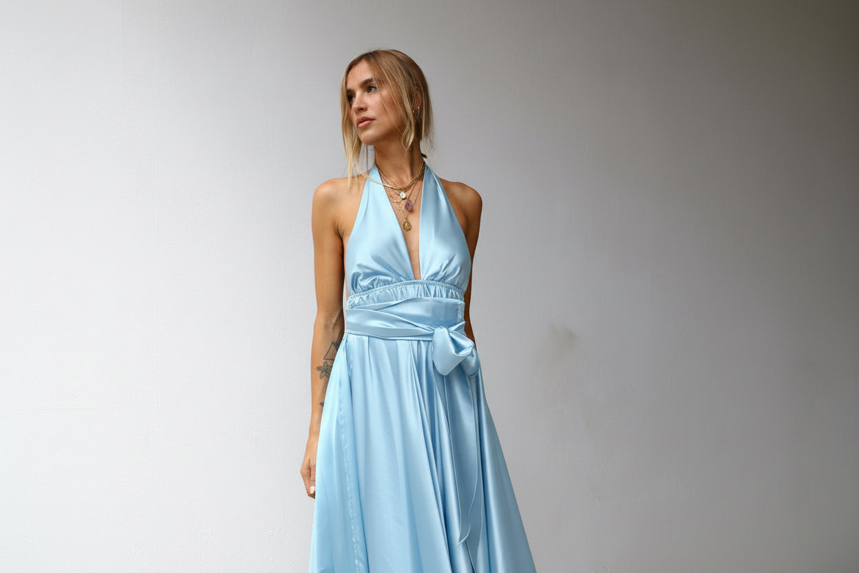 P3169 ABITO LUNGO COPPE MARILYN A RUOTA CON CINTURA AZZURRO  CIELO