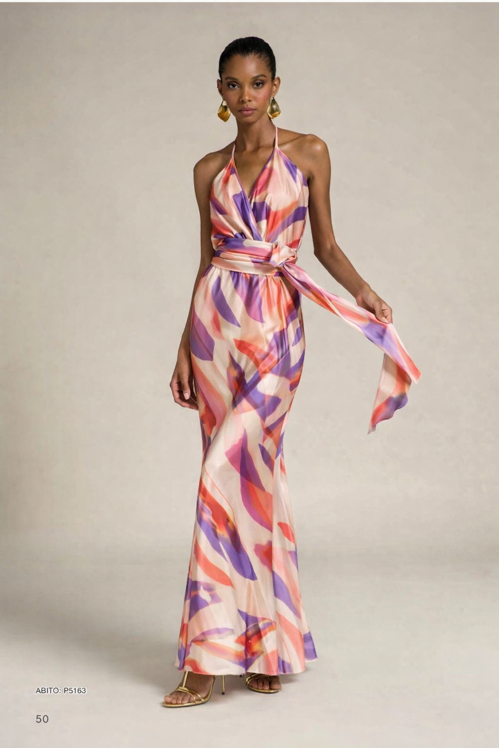 P5172 ABITO LUNGO SVASATO CON FIOCCO DAVANTI FANTASIA PALME VIOLA