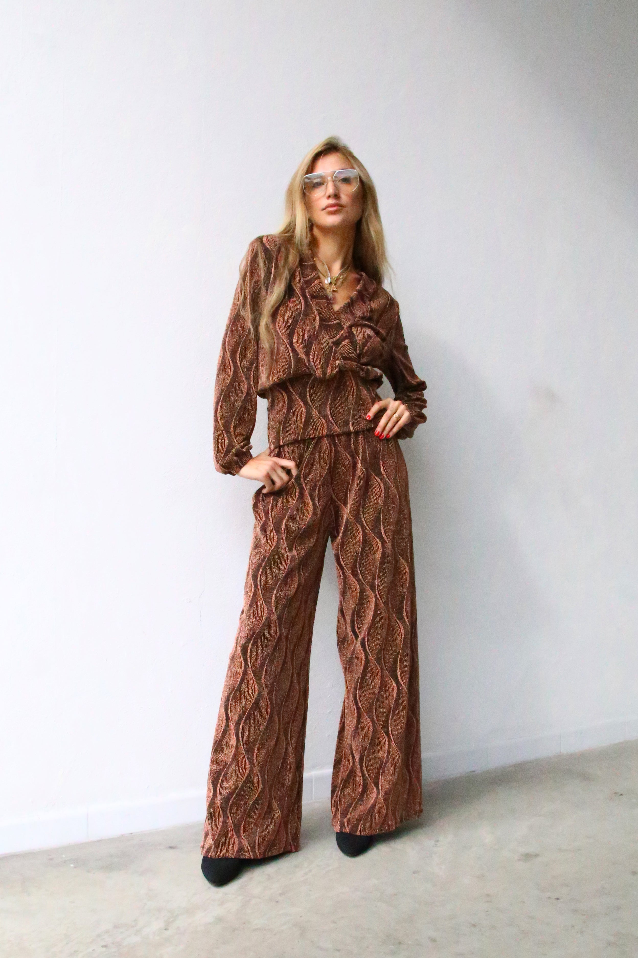 A3052 PANTALONE SCAMPANATO LUREX RUGGINE