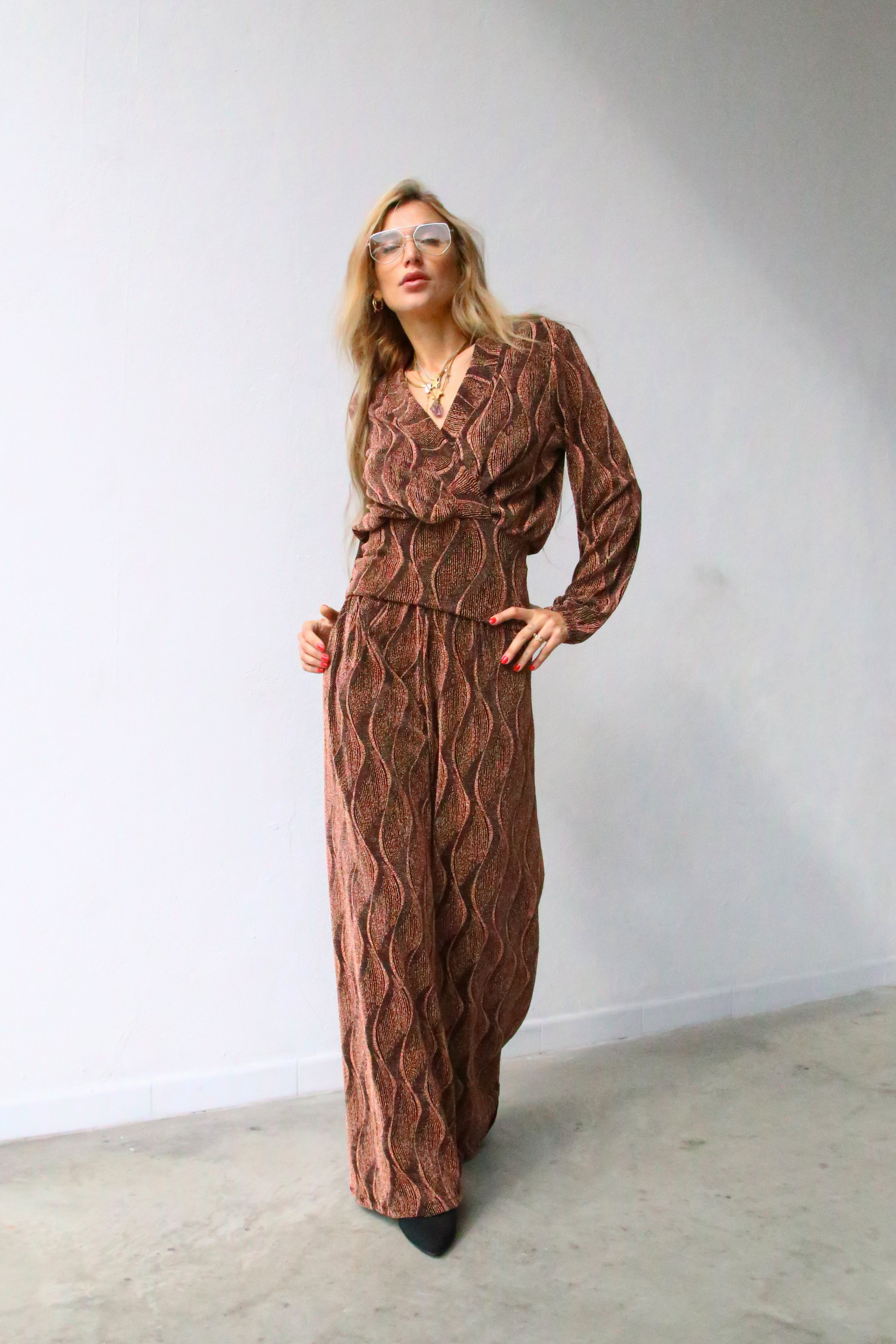 A3052 PANTALONE SCAMPANATO LUREX RUGGINE