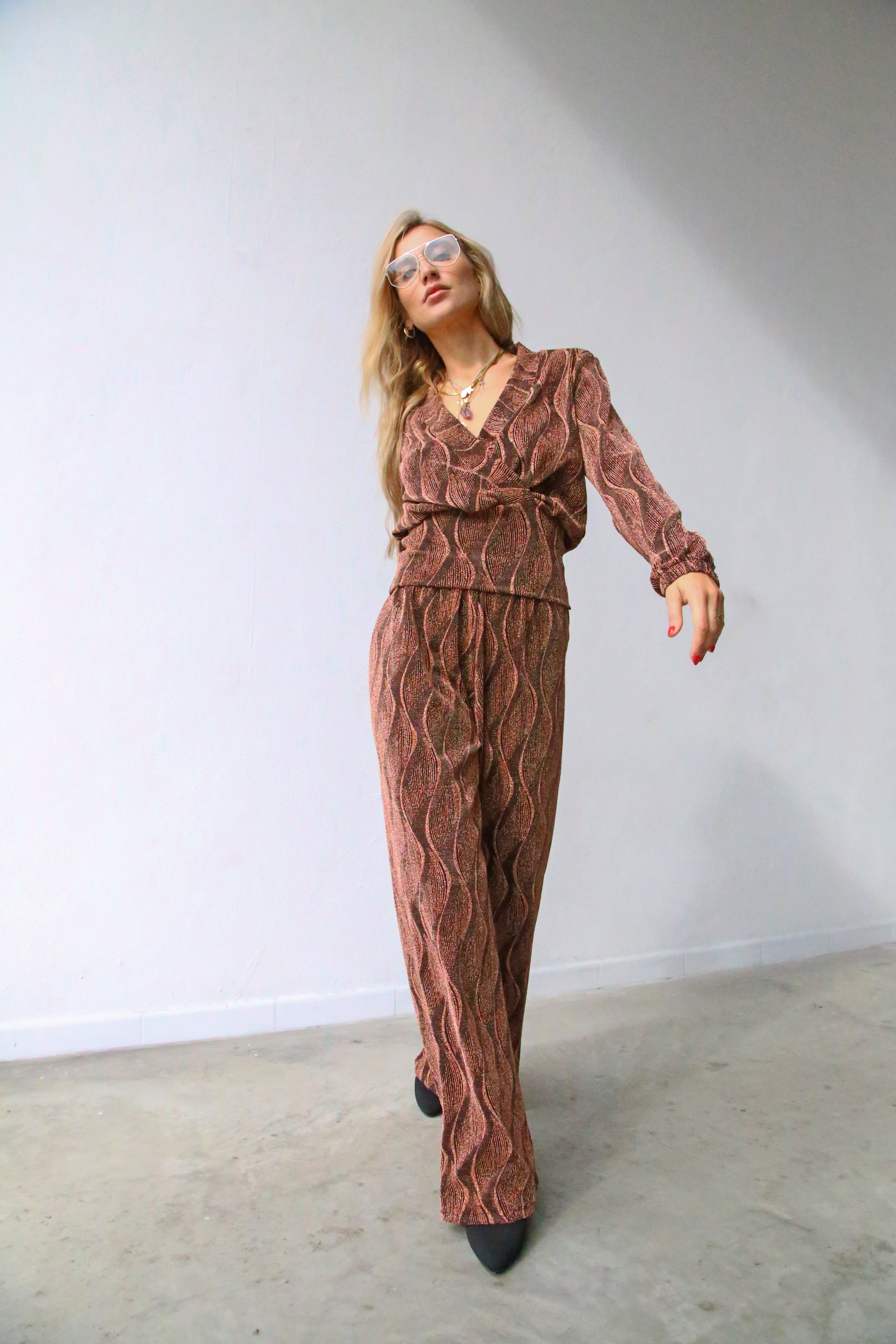 A3052 PANTALONE SCAMPANATO LUREX RUGGINE