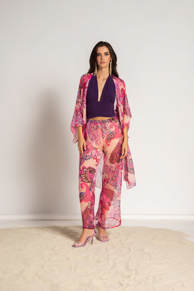 P6094 KIMONO LUNGO CON SPACCHI LATERALI VOILLE FUCSIA