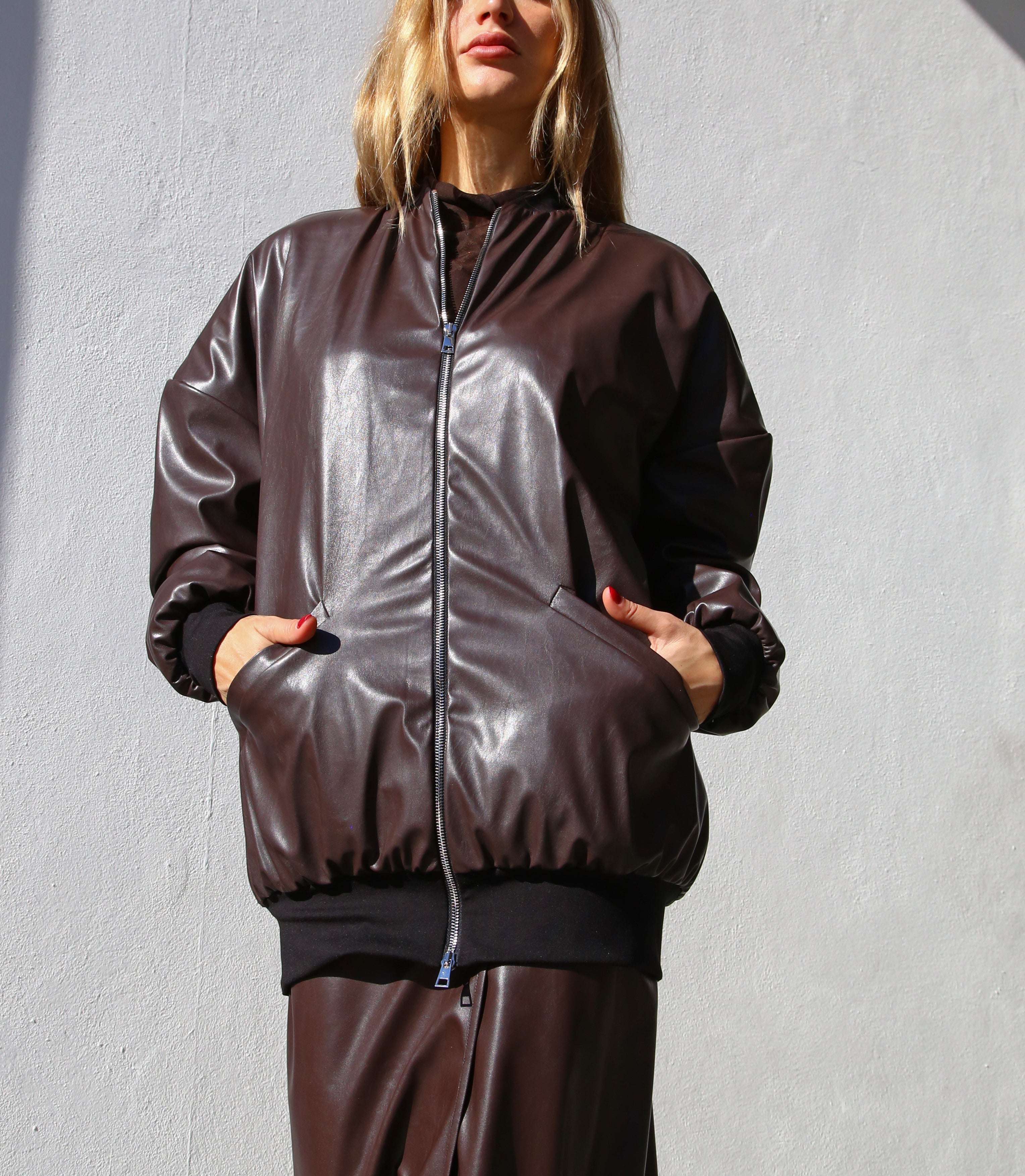 BOMBER LUNGO ECOPELLE MARRONE