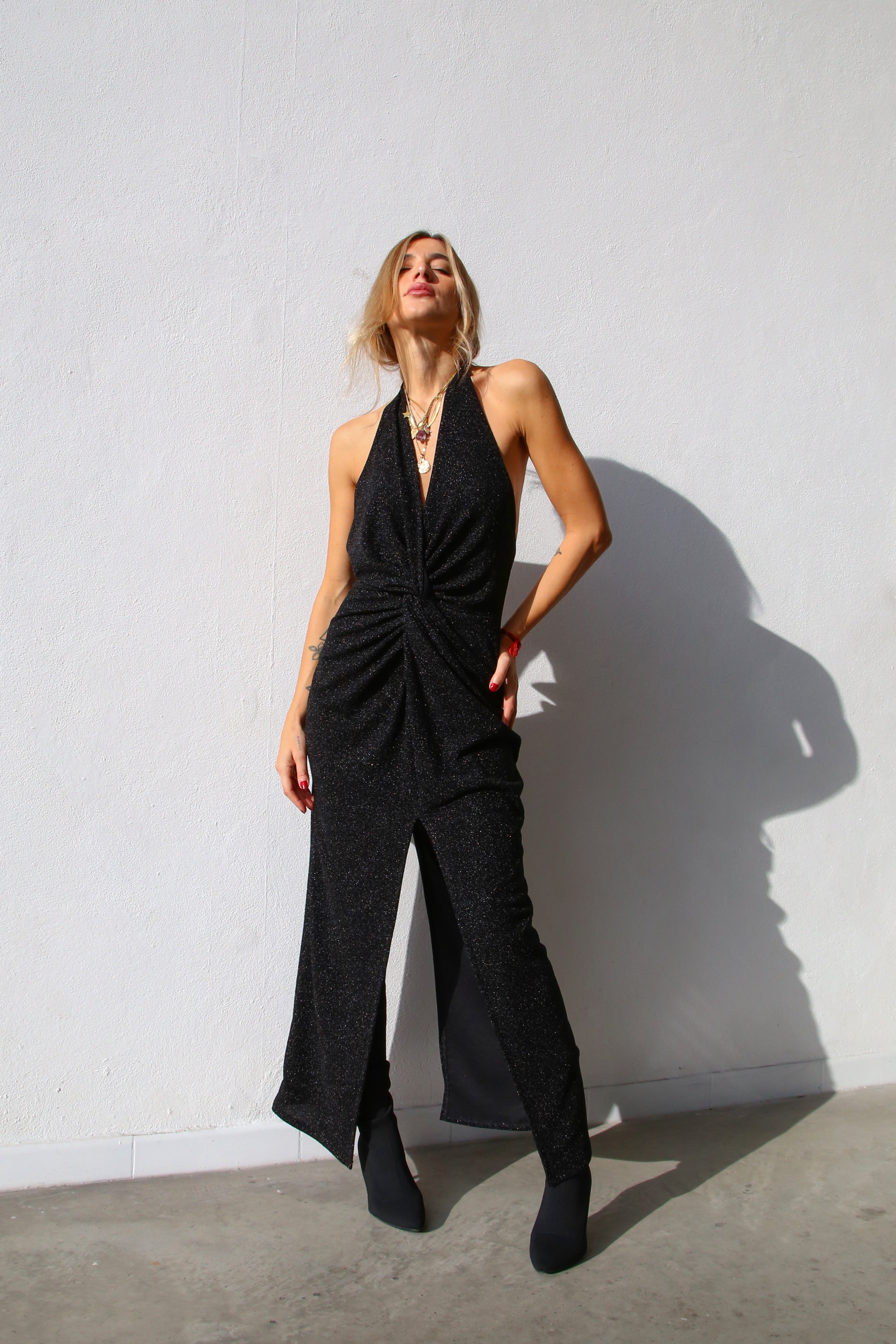 P6163 ABITO LUNGO NODO ALLACCIATO AL COLLO LUREX NERO