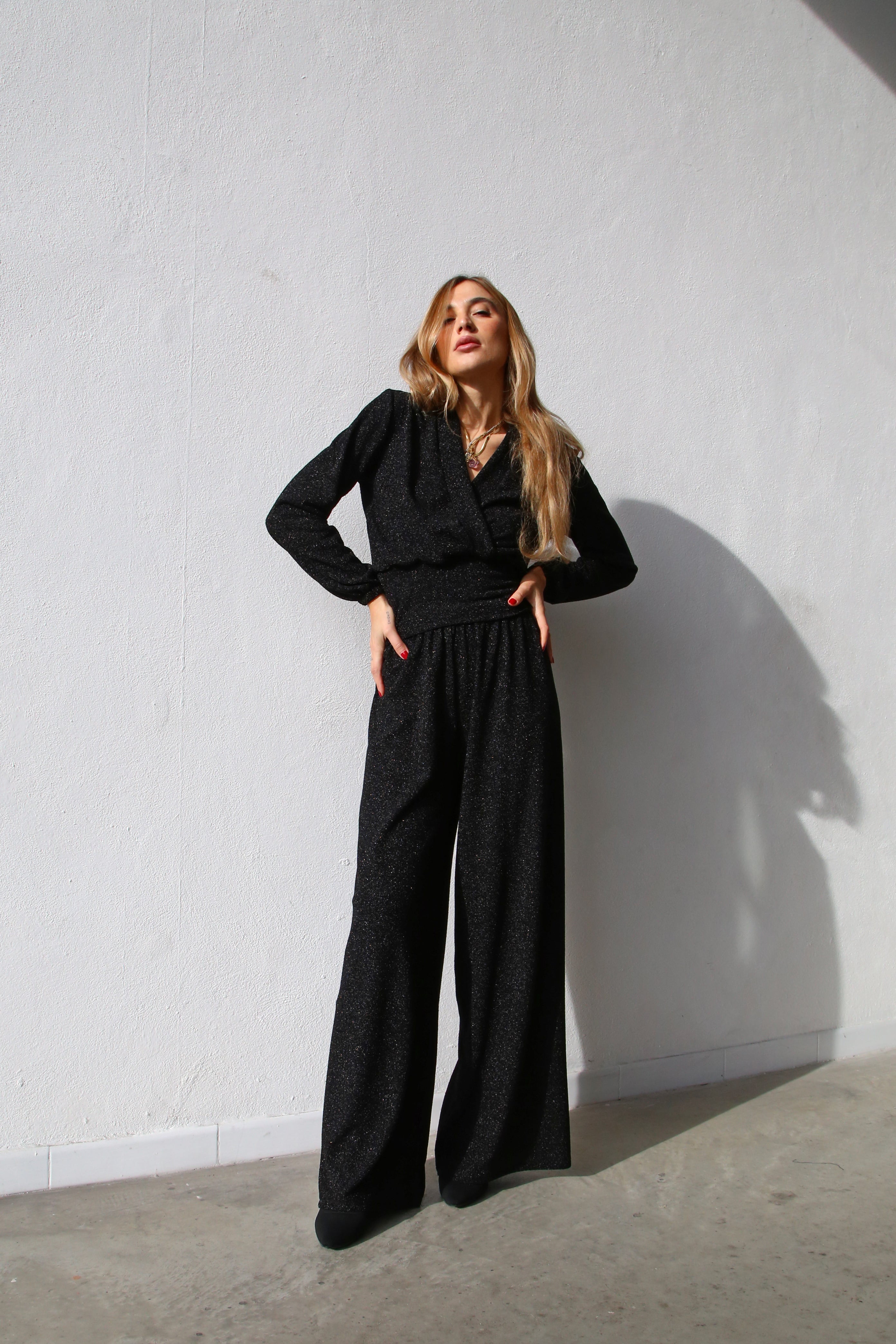 A3052 PANTALONE SCAMPANATO LUREX NERO