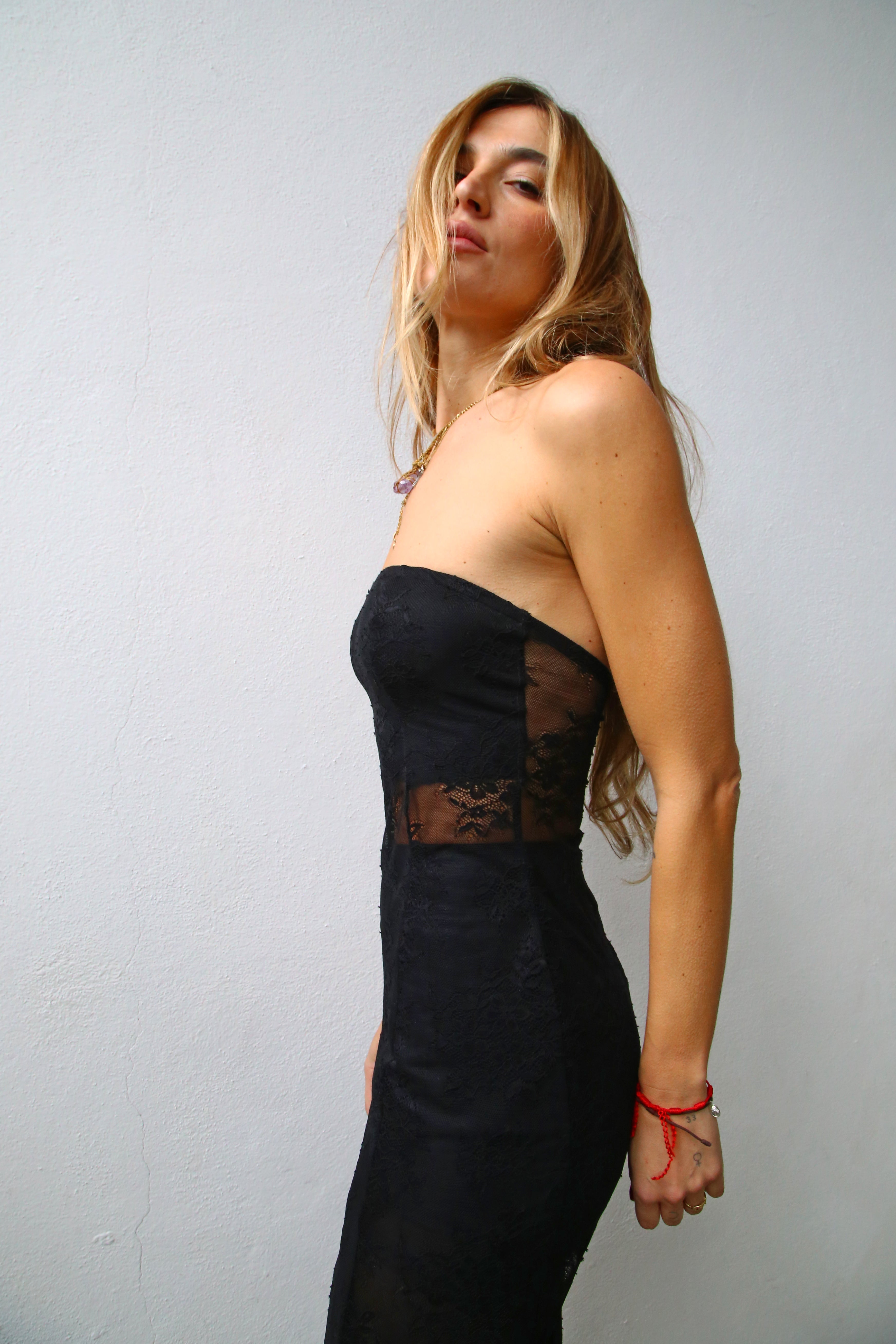 P6162 ABITO LUNGO BUSTIER ADERENTE PIZZO NERO