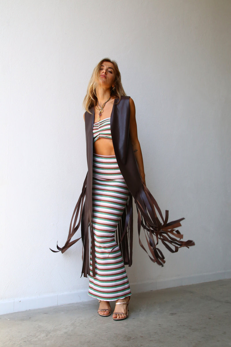 GILET CON FRANGE ECOPELLE MARRONE