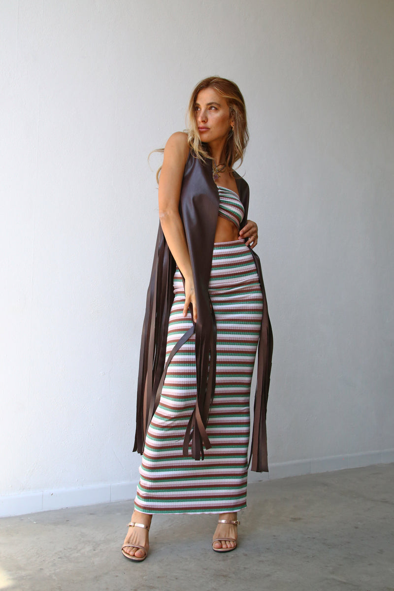 GILET CON FRANGE ECOPELLE MARRONE