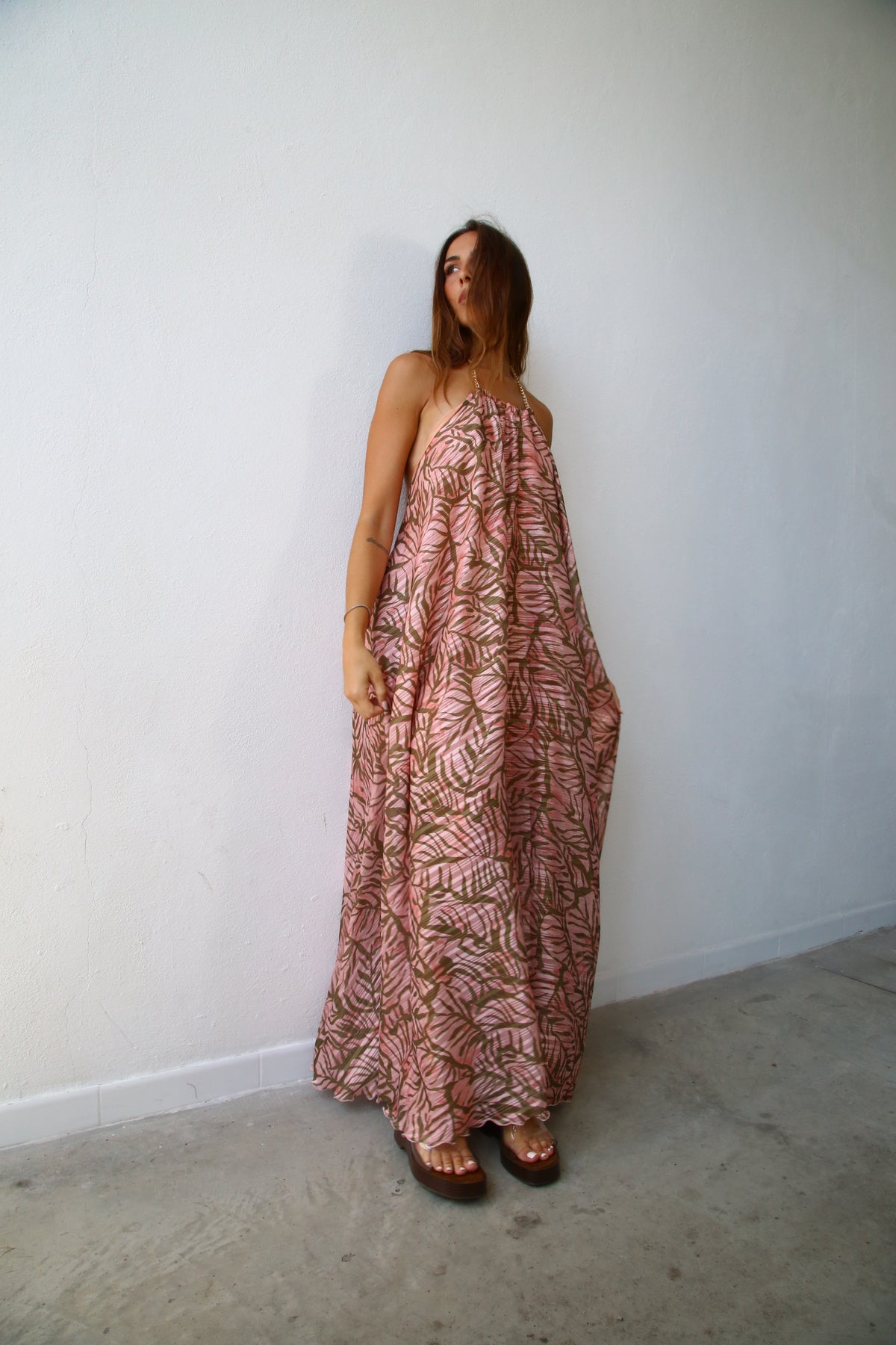 E2156 ABITO AMPIO AMERICANA CON CATENA F7 LUREX PESCA FOGLIE VERDI