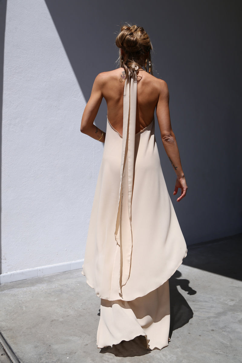 E2027 ASYMMETRIC HALTER NECK VOILE TOP BEIGE