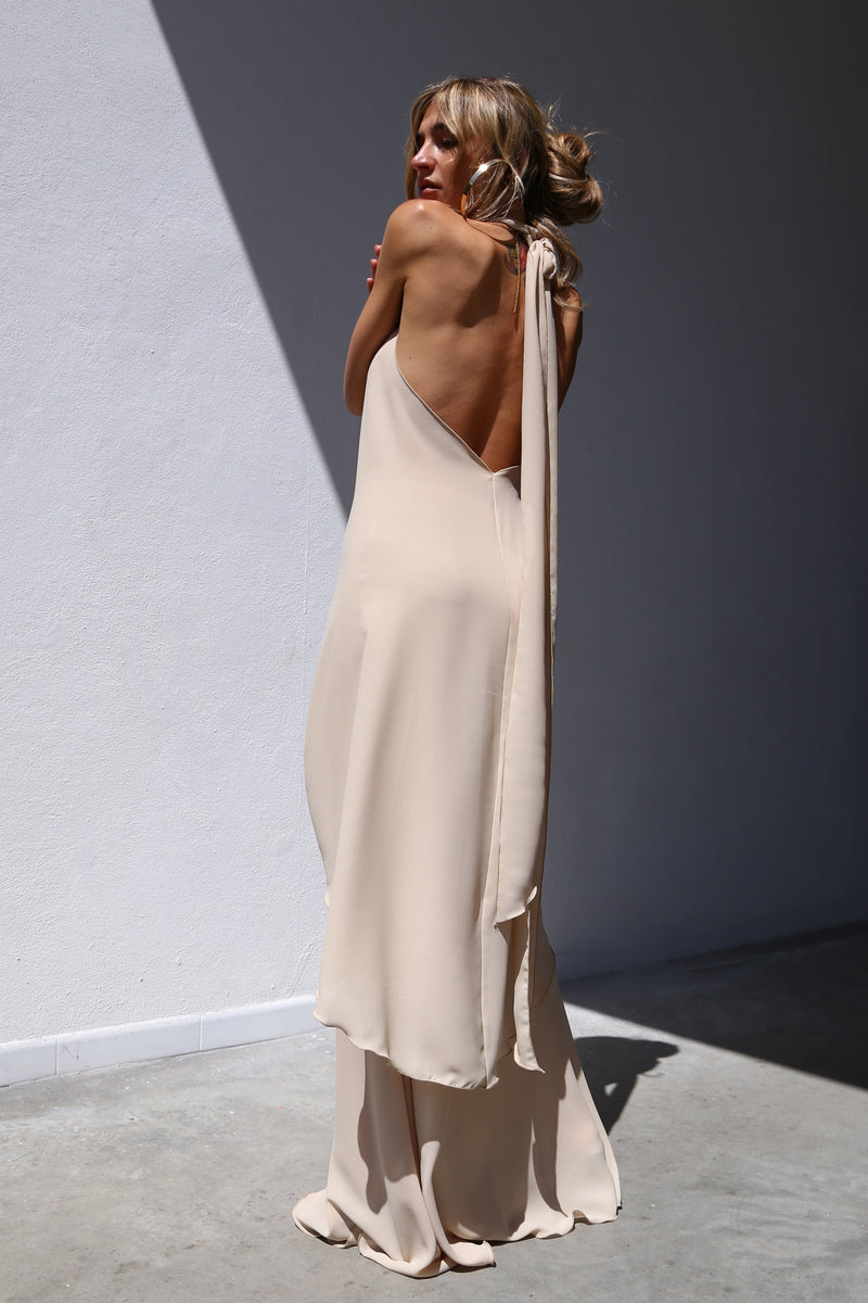 E2027 ASYMMETRIC HALTER NECK VOILE TOP BEIGE