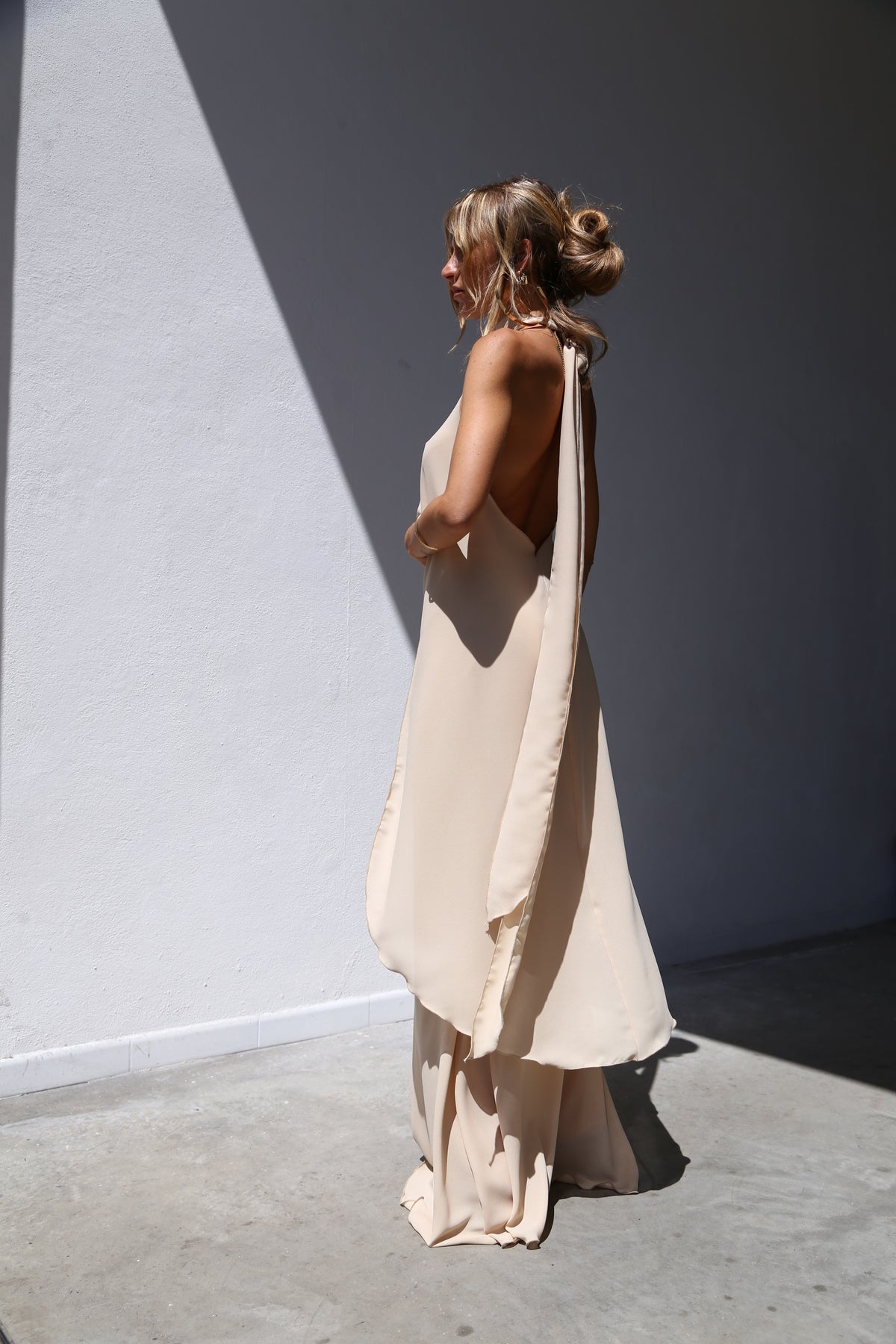 E2027 ASYMMETRIC HALTER NECK VOILE TOP BEIGE