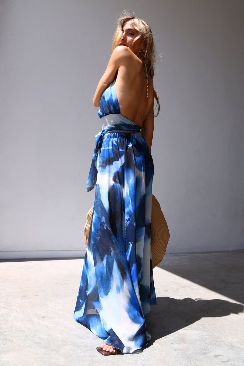 F4054 PANTALONI A RUOTA AMPI VOILLE FANTASIA BOLLI BLU