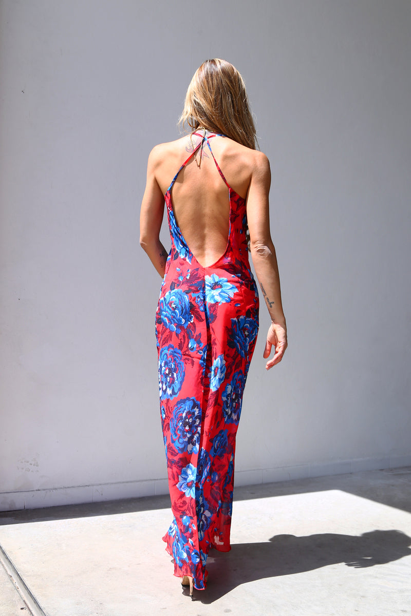 E2163 ABITO LUNGO COLLO CROLLATO SVASATO VOILLE FIORI ROSSO/BLU