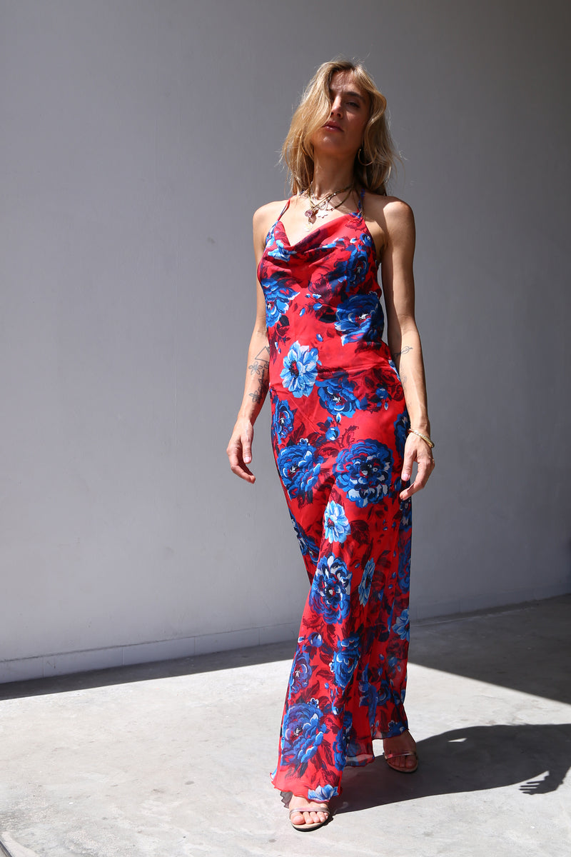 E2163 ABITO LUNGO COLLO CROLLATO SVASATO VOILLE FIORI ROSSO/BLU