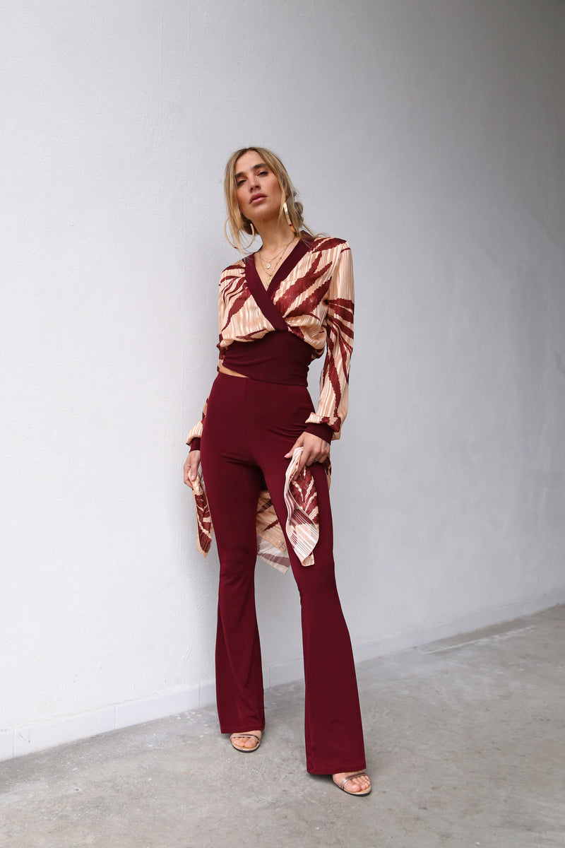 A6048 BURGUNDY MICROFIBER FLARED TROUSERS