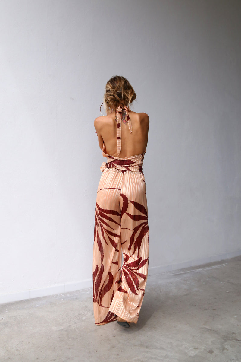 P3052 FLARED TROUSERS DEVOIREE PALMS BORDEAUX DUSTY PINK BACKGROUND