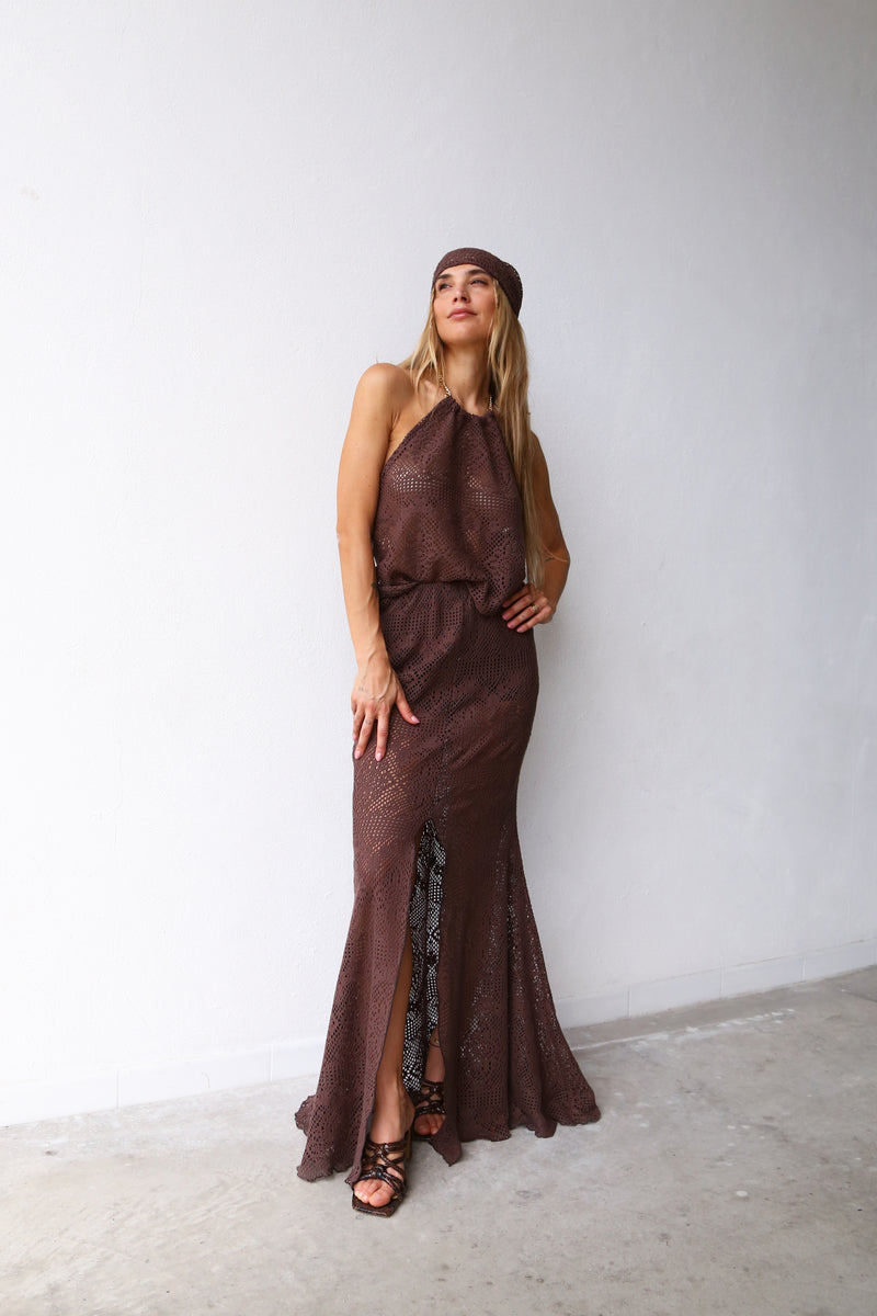 E2069 GONNA SIRENA SPACCO DAVANTI TRAFORATO TABACCO