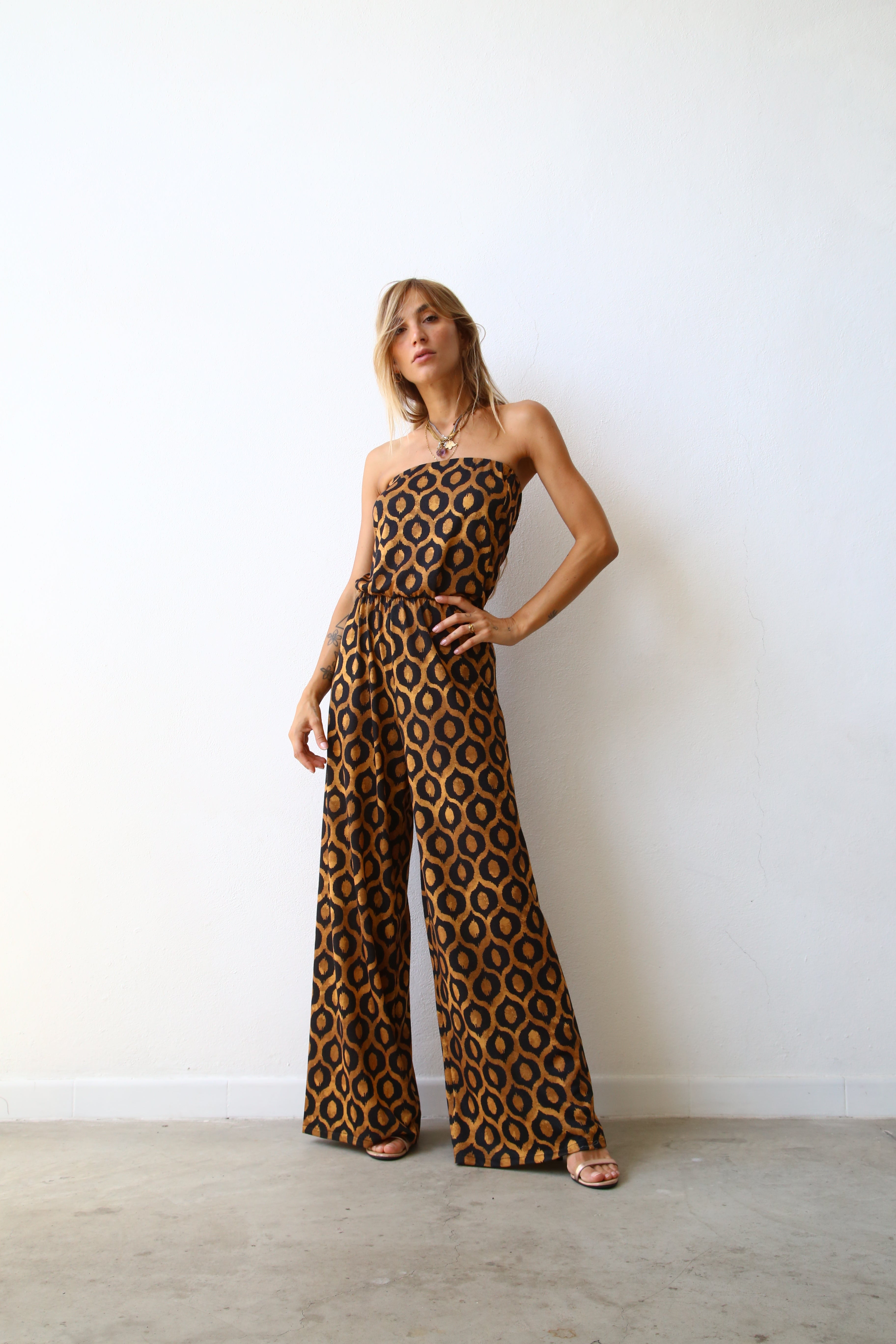 LUREX DIAMOND-PRINT STRAPLESS PALAZZO JUMPSUIT