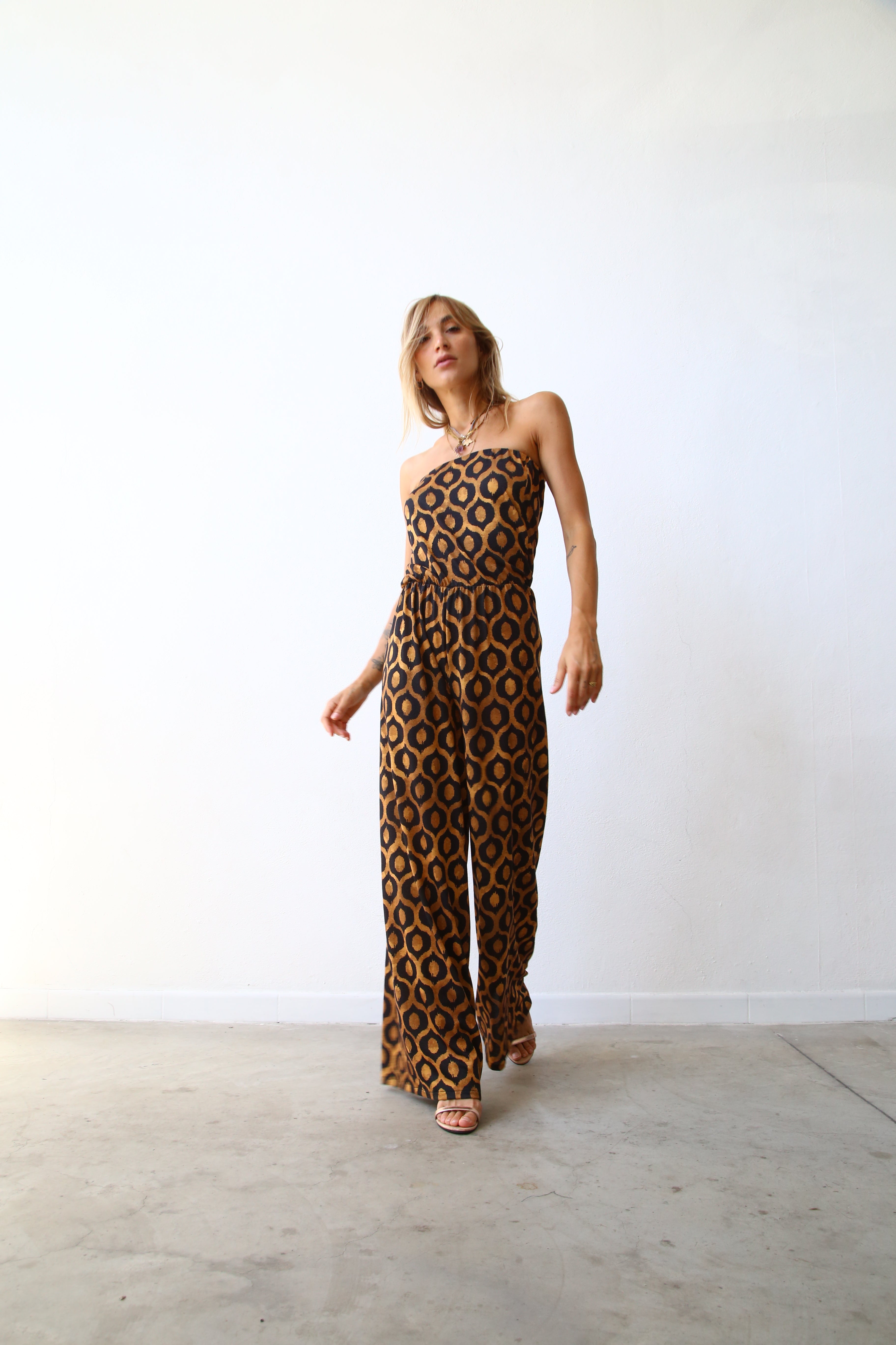 LUREX DIAMOND-PRINT STRAPLESS PALAZZO JUMPSUIT