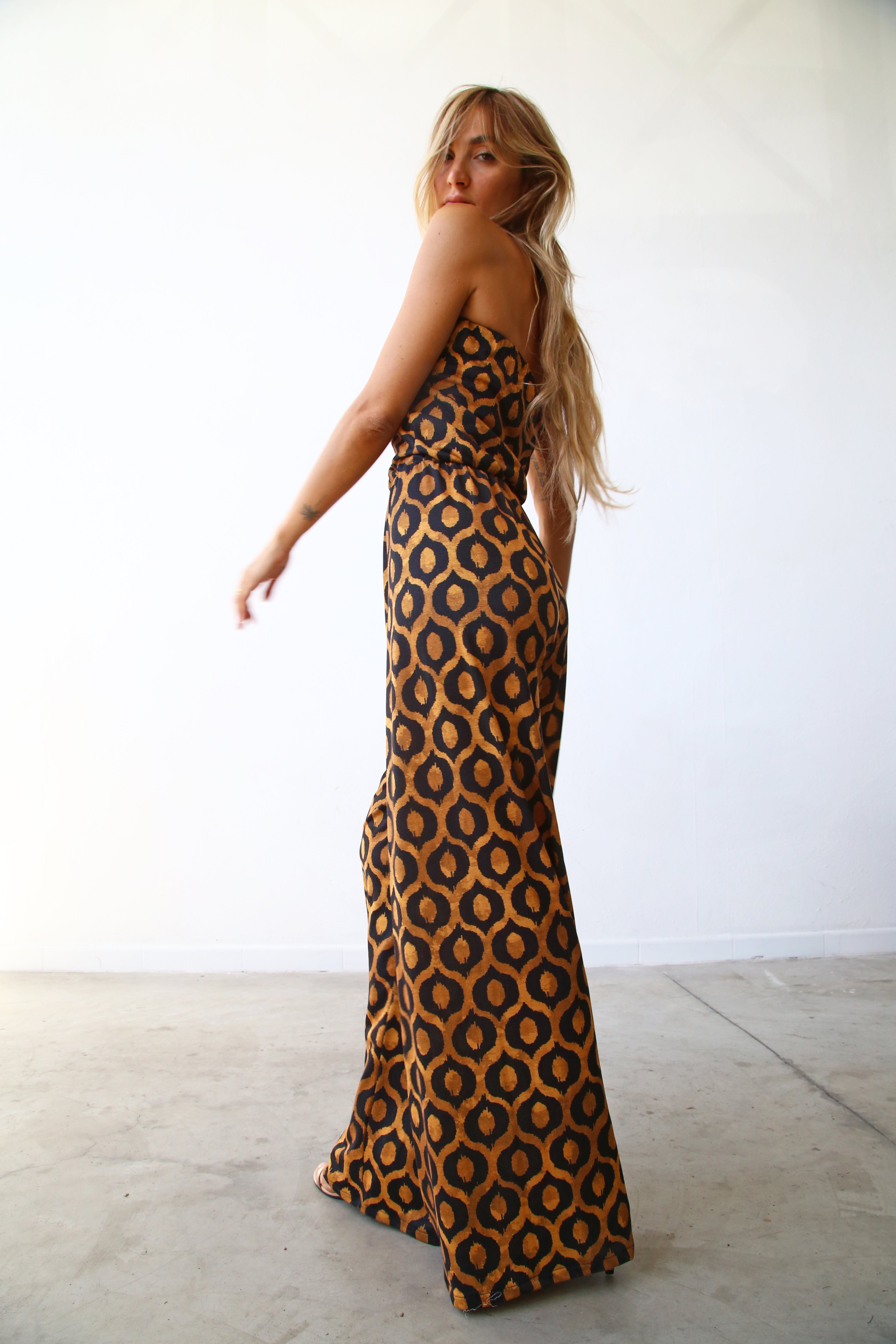 LUREX DIAMOND-PRINT STRAPLESS PALAZZO JUMPSUIT
