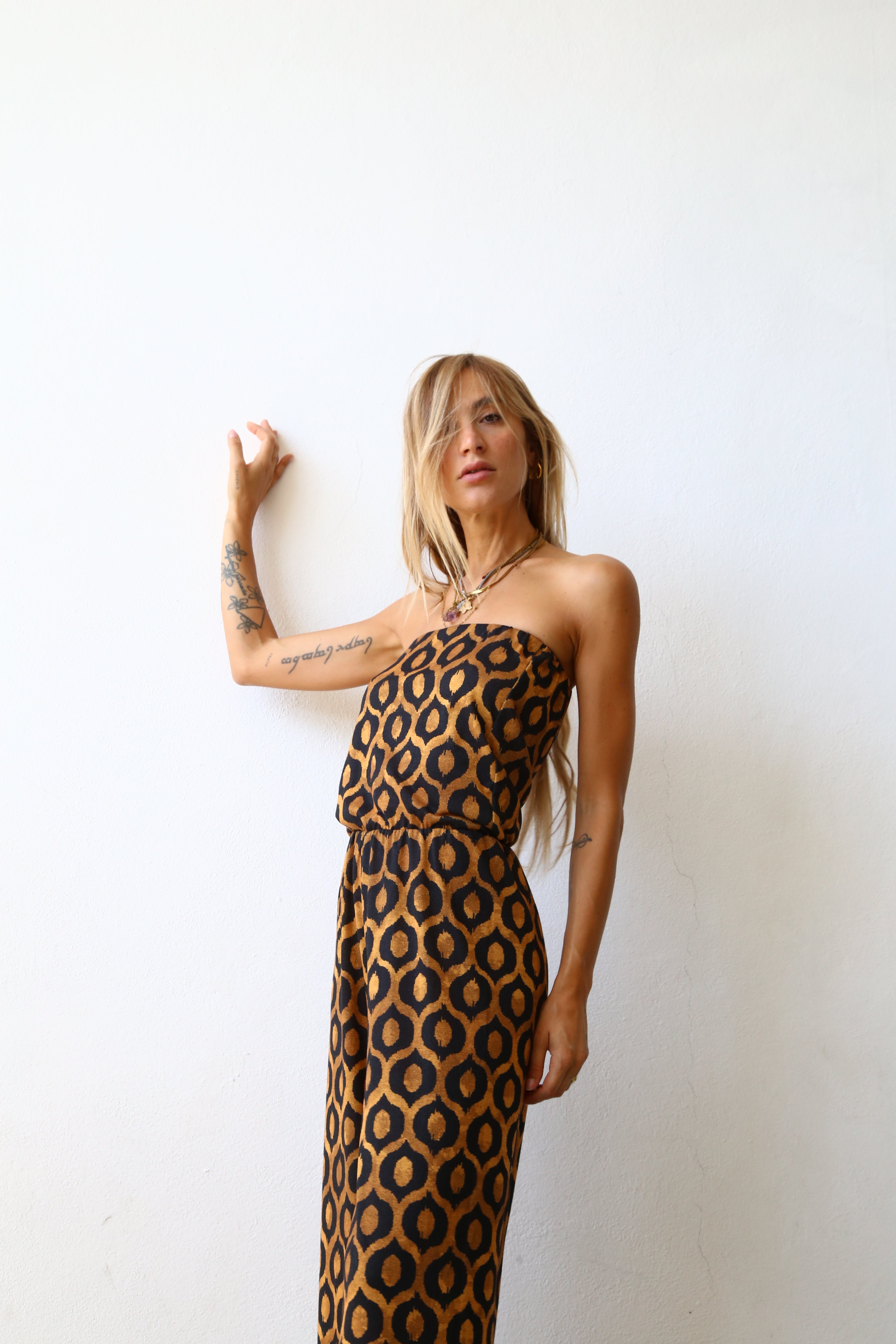 LUREX DIAMOND-PRINT STRAPLESS PALAZZO JUMPSUIT