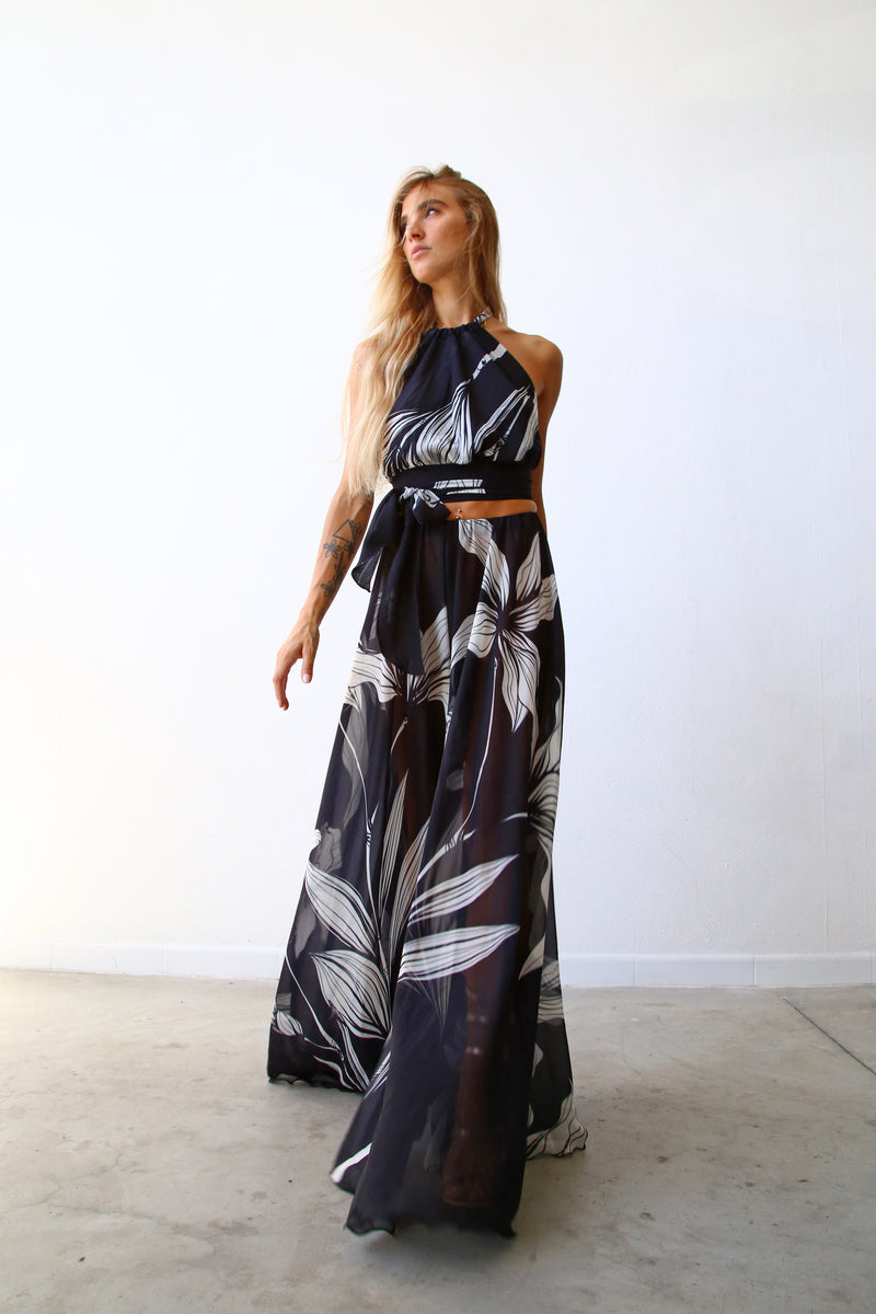 F4054 PANTALONE AMPIO A RUOTA VOILLE BLACK FLOWER