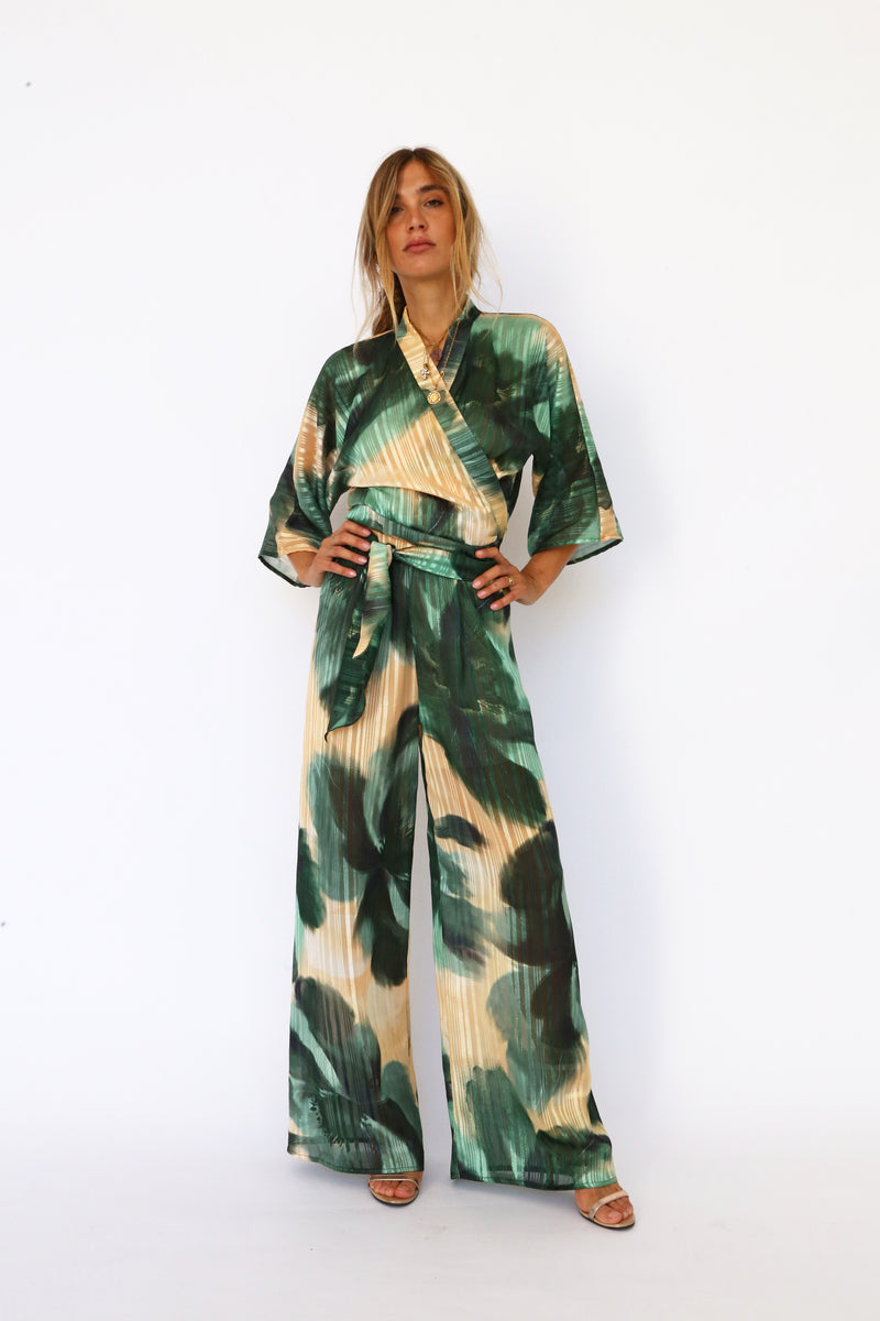 Devore flared trousers with floral pattern in bottle green