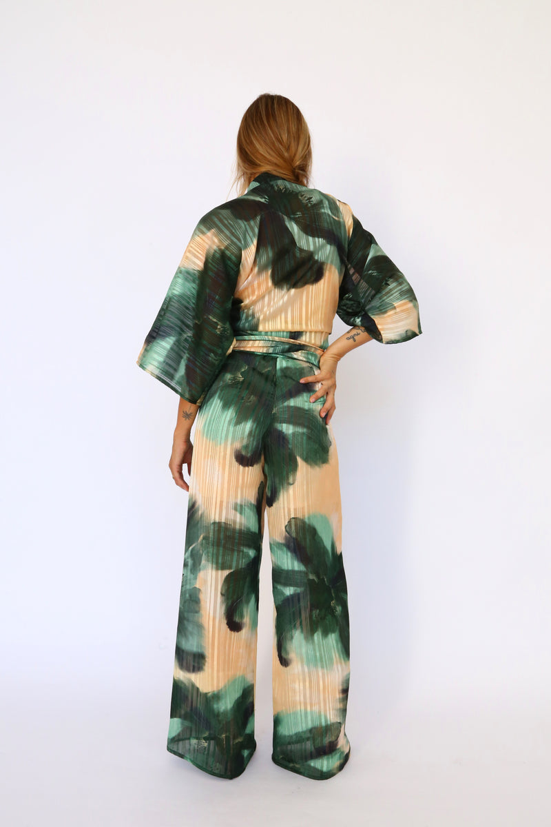 Kimono shirt with devoré floral sash, bottle green