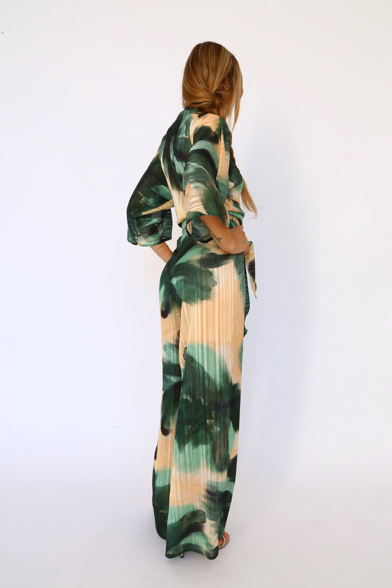 Kimono shirt with devoré floral sash, bottle green