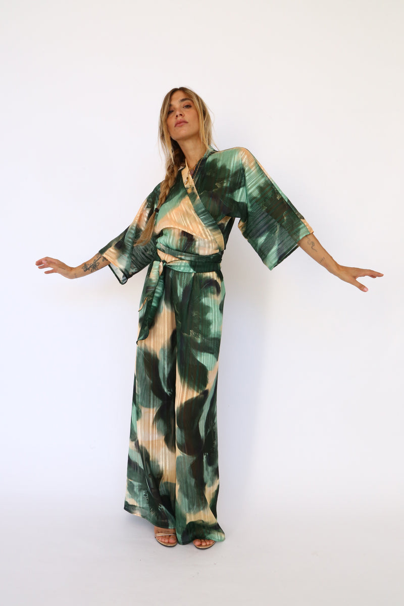 Kimono shirt with devoré floral sash, bottle green