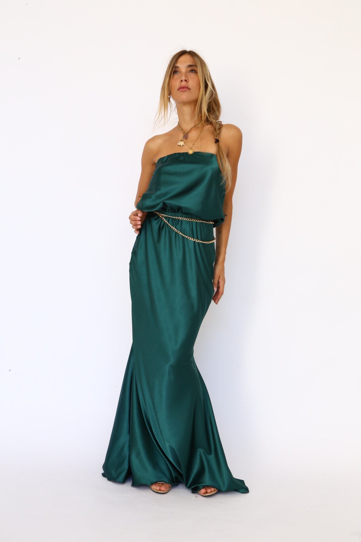 Abito lungo a fascia sirena  raso verde bottiglia