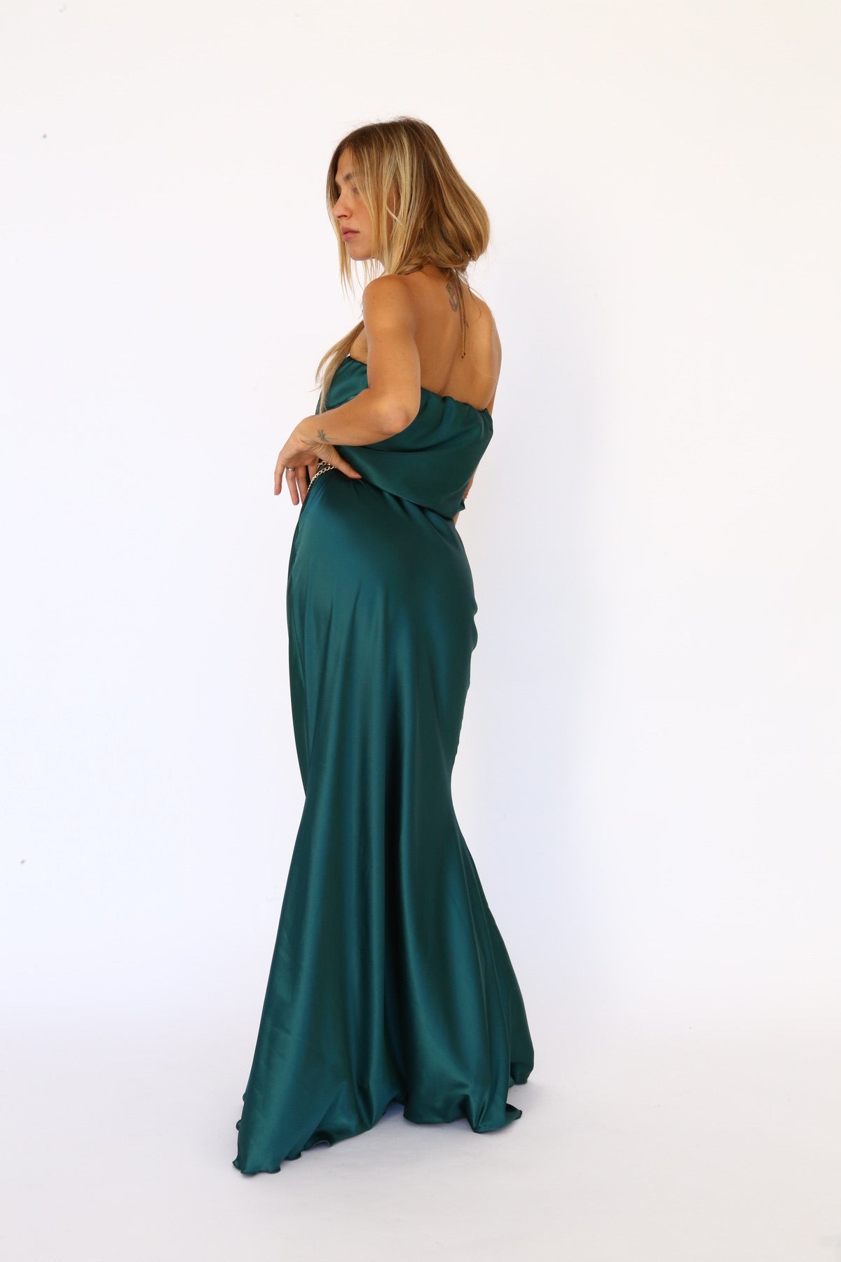 Abito lungo a fascia sirena  raso verde bottiglia