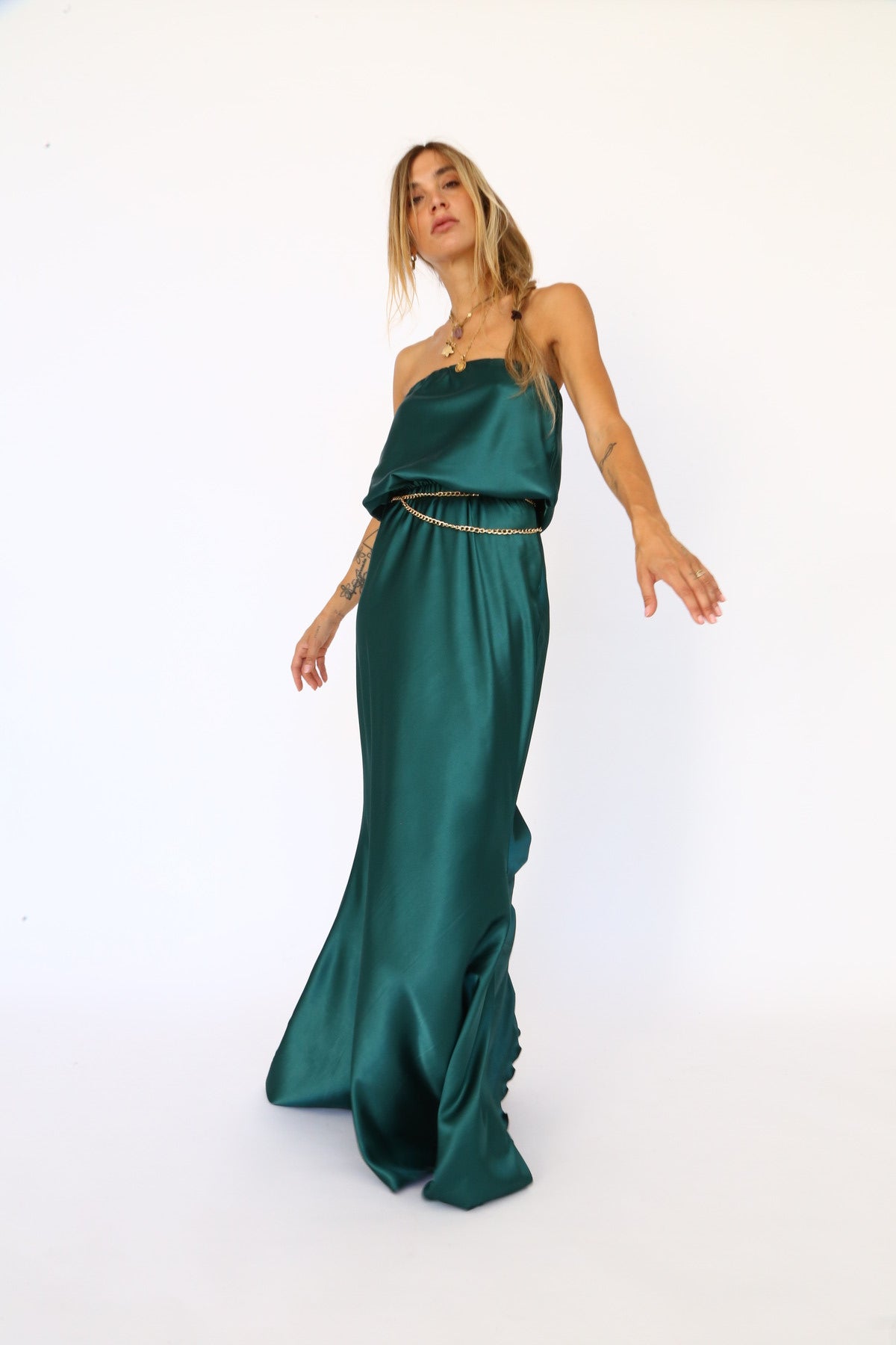 Abito lungo a fascia sirena  raso verde bottiglia