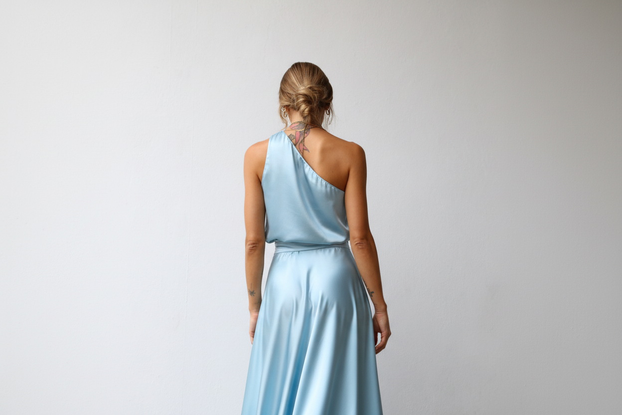 P3160 ABITO LUNGO MONOSPALLA CON CINTURA TABACCO