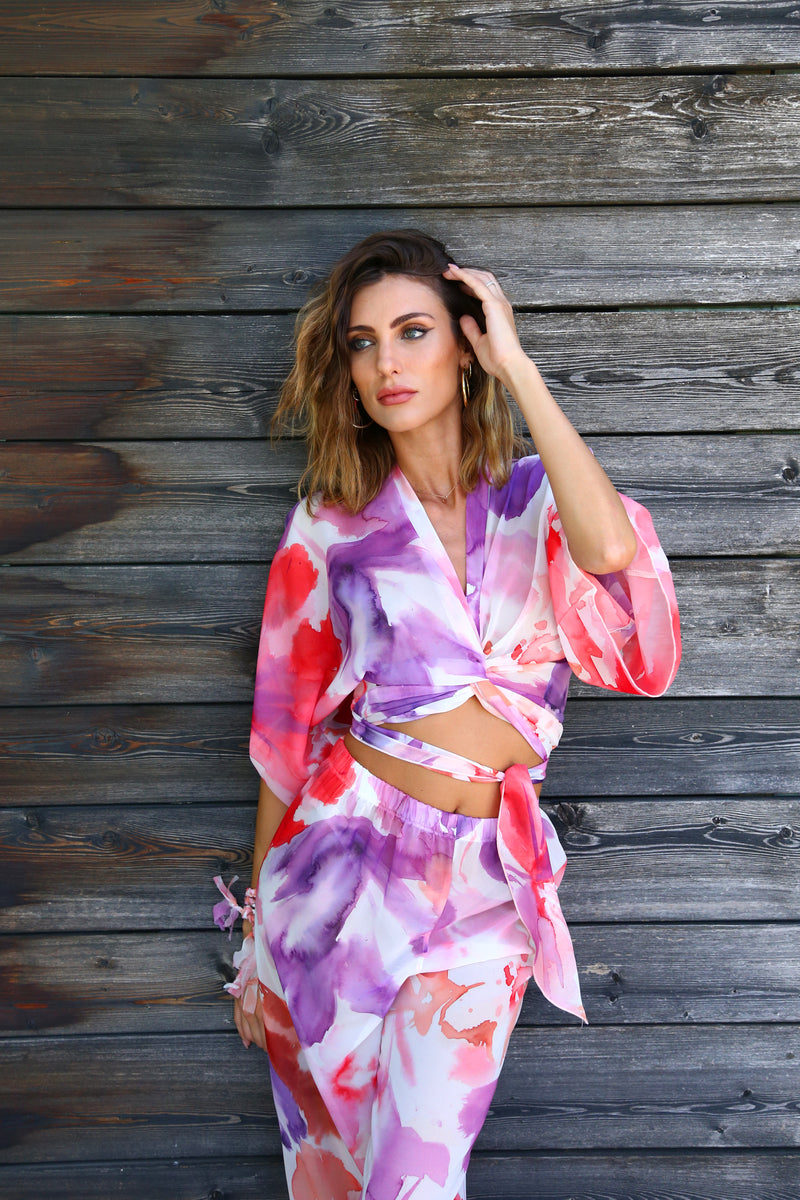 P4032 CAMICIA MANICA A KIMONO CON FUSCIACCA VOILLE FANTASIA ACQUERELLO