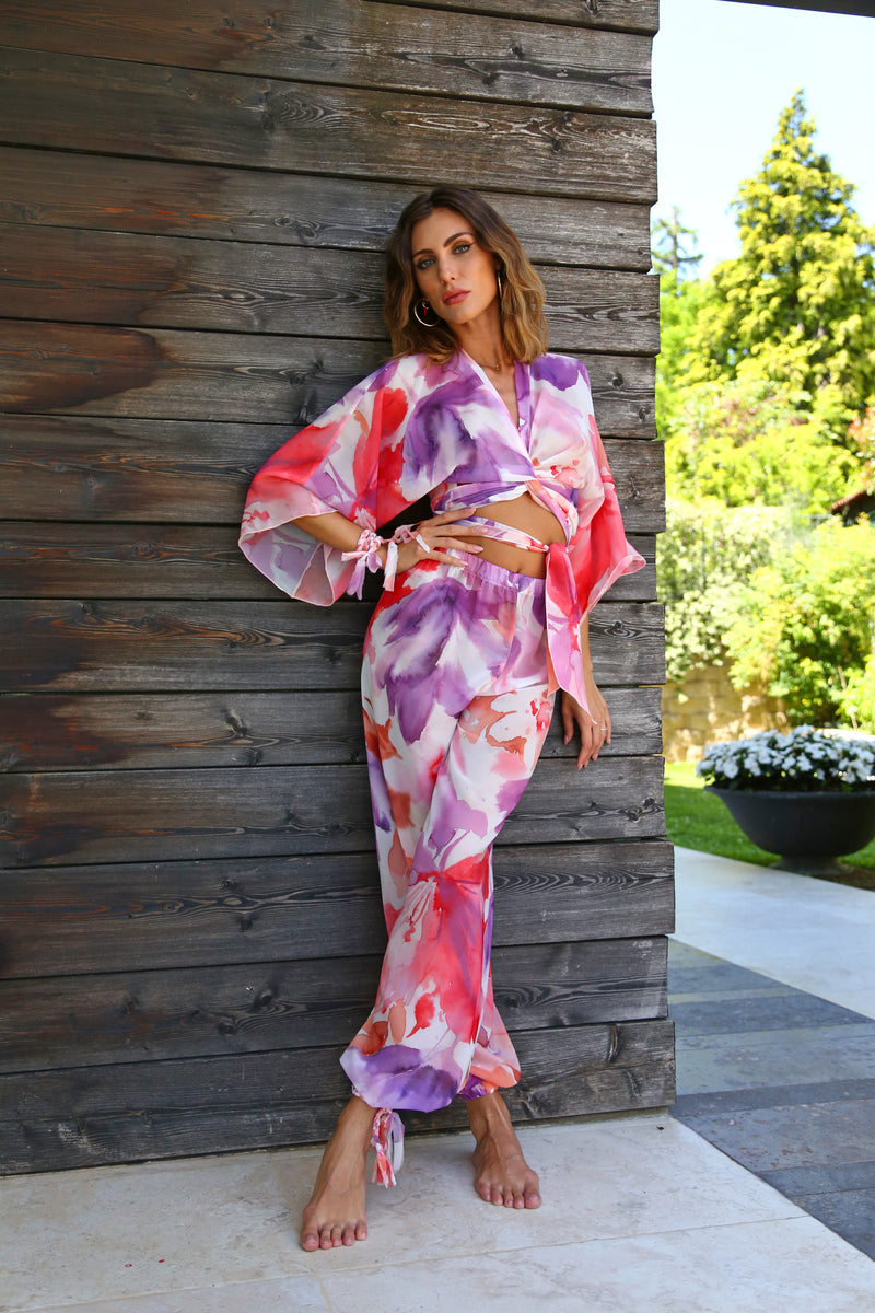 E2058 PANTALONE CON ELASTICI VOILLE FANTASIA ACQUERELLO