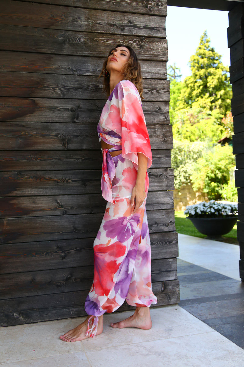 E2058 TROUSERS WITH ELASTICATED VOILE WATERCOLOR PRINT