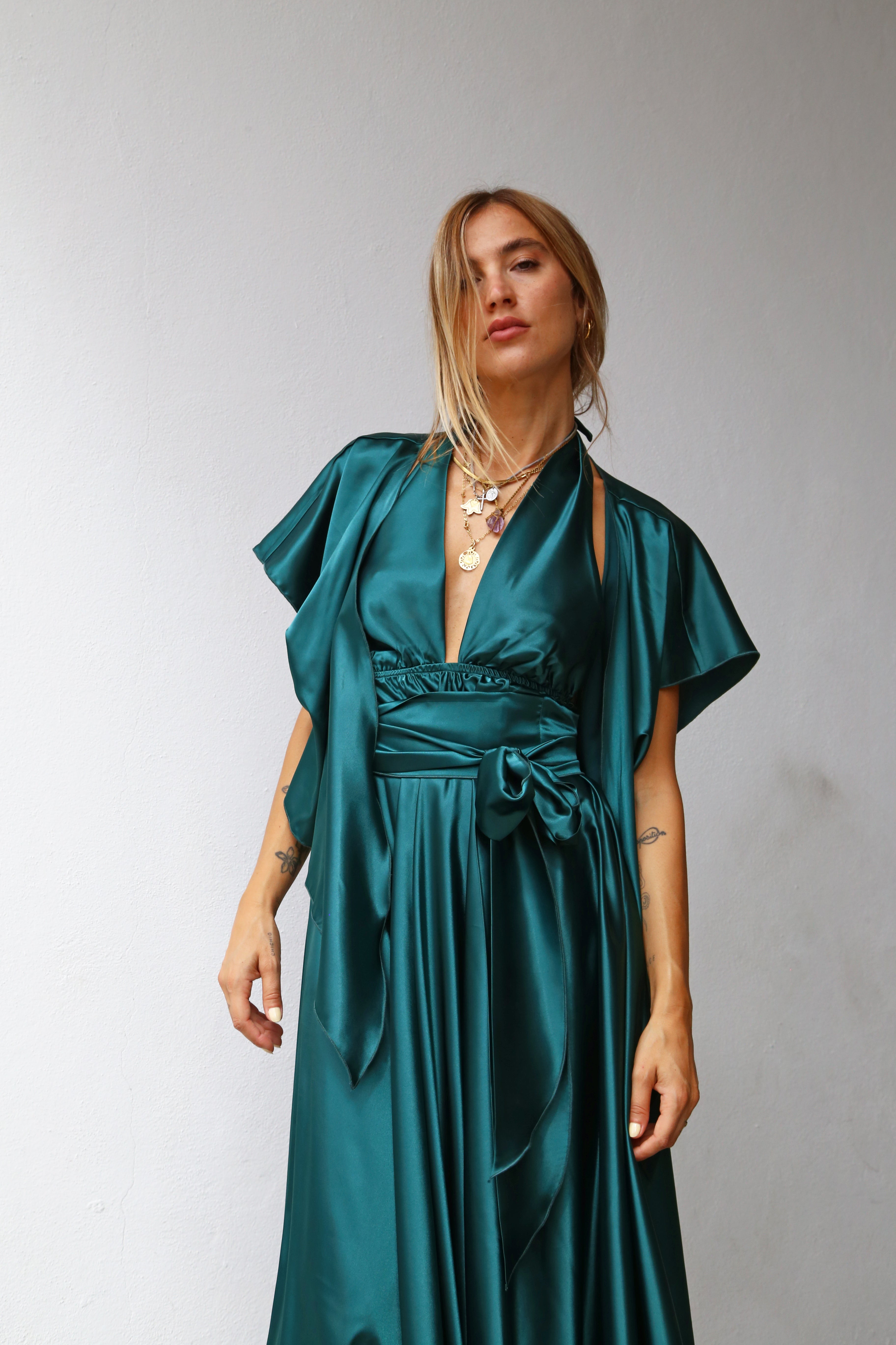 P3098 COPRISPALLE KIMONO CON FIOCCO BOTTIGLIA VERDE