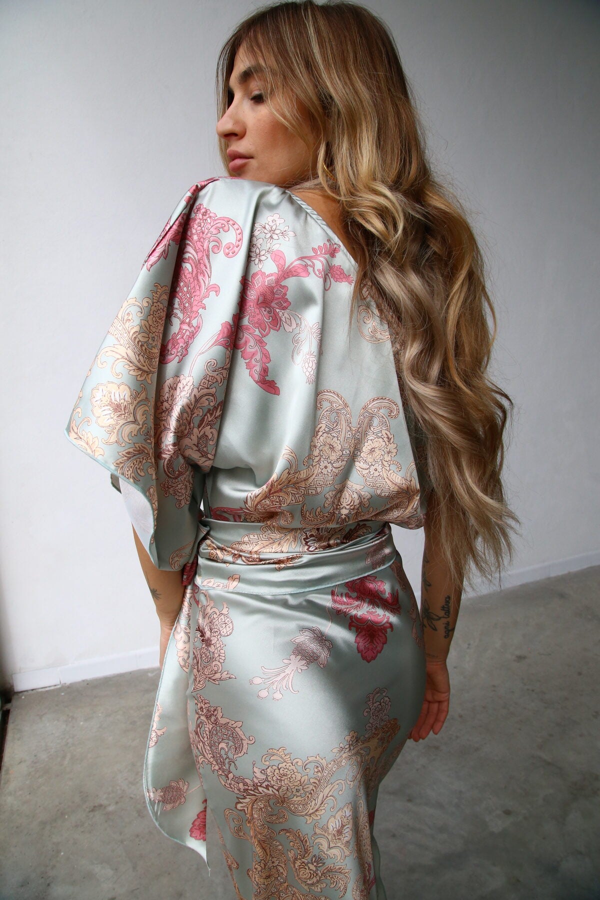 P5175 ABITO LUNGO MONOSPALLA  GONNA COLONNA FANTASIA CASHMERE VERDE SPACCO 3/4
