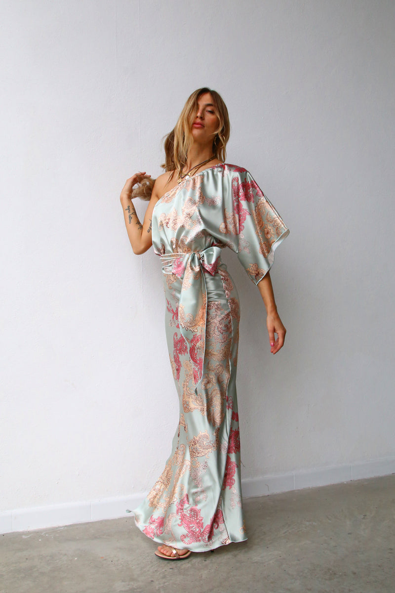 P5175 ABITO LUNGO MONOSPALLA  GONNA COLONNA FANTASIA CASHMERE VERDE SPACCO 3/4